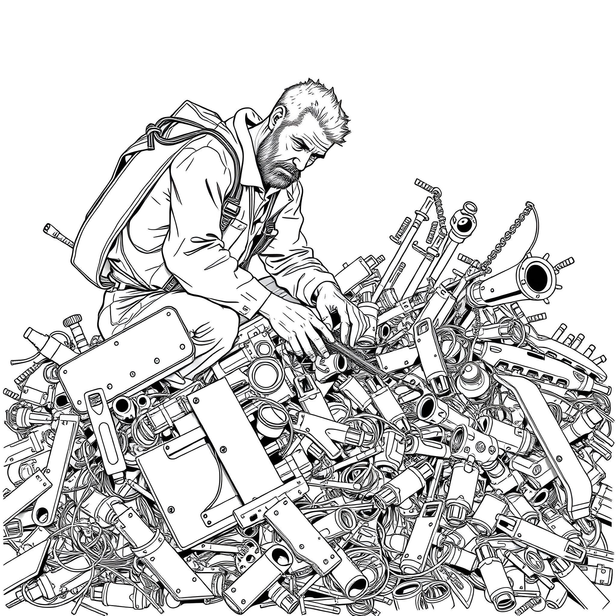 Man digging through a pile of mechanical parts Coloring Page (free black-and-white line drawing printable PDF for all, from beginners to advanced learners, including children, teens, adults, and seniors)