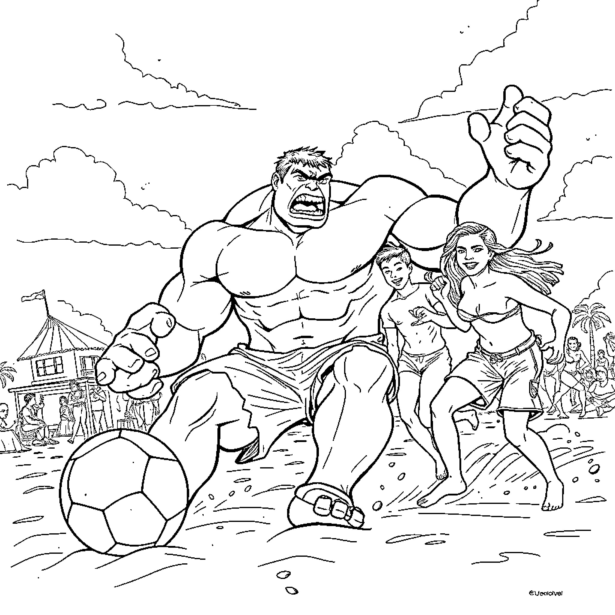 Hulk playing soccer with friends on the beach Coloring Page (free black-and-white line drawing printable PDF for all, from beginners to advanced learners, including children, teens, adults, and seniors)
