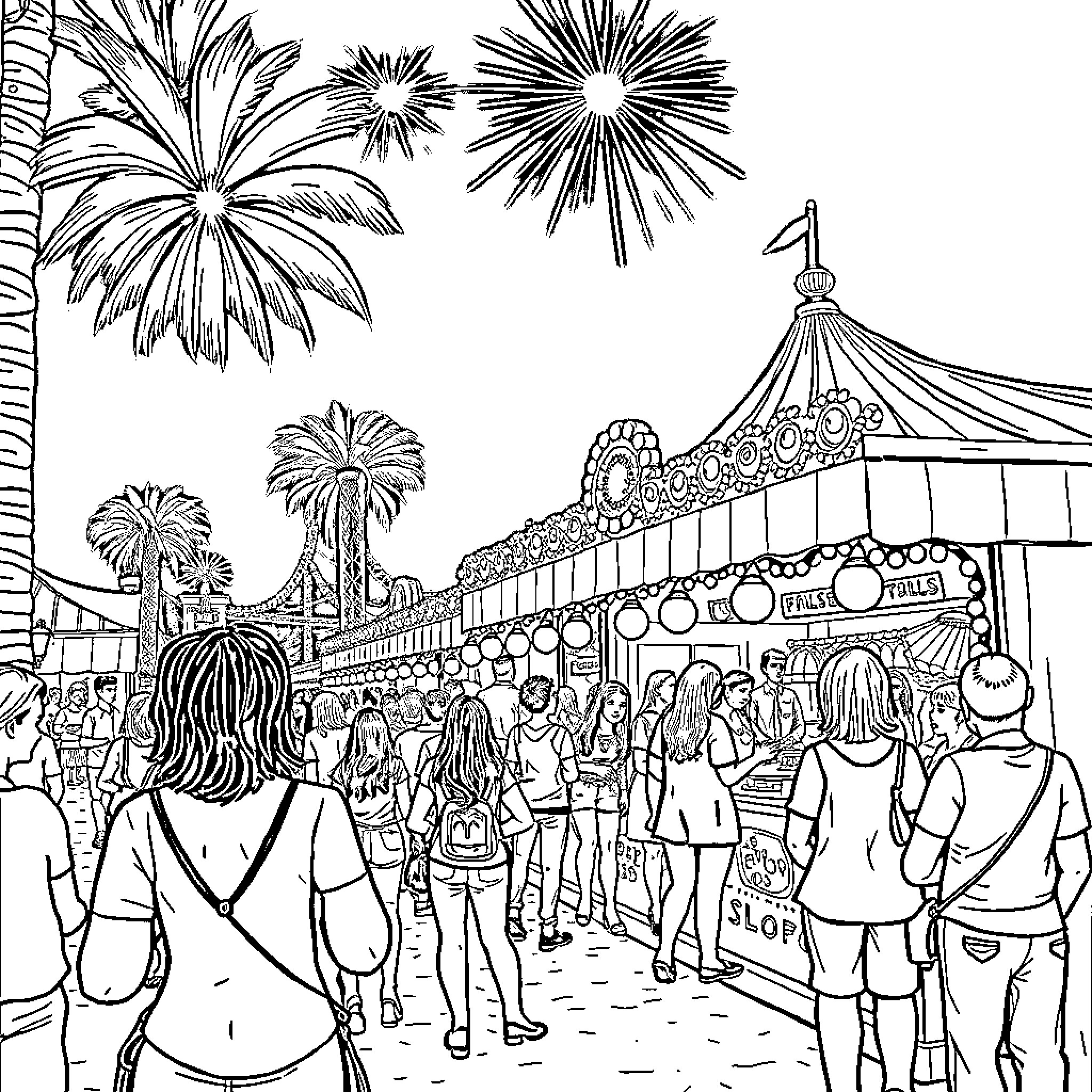 Caseta of vibrant celebration and festive crowd Coloring Page (free black-and-white line drawing printable PDF for all, from beginners to advanced learners, including children, teens, adults, and seniors)