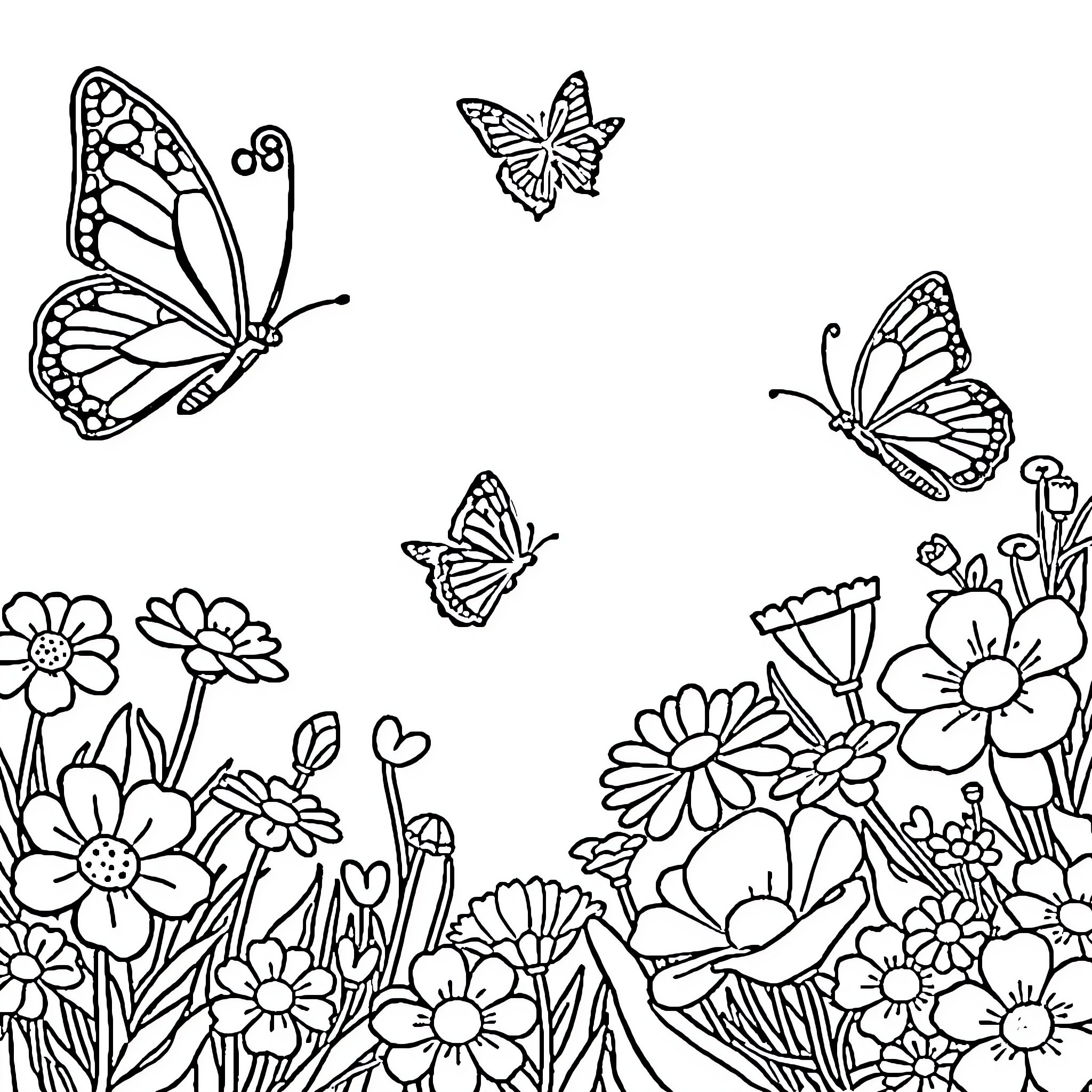 Butterflies fluttering in a garden of flowers Coloring Page (free black-and-white line drawing printable PDF for all, from beginners to advanced learners, including children, teens, adults, and seniors)