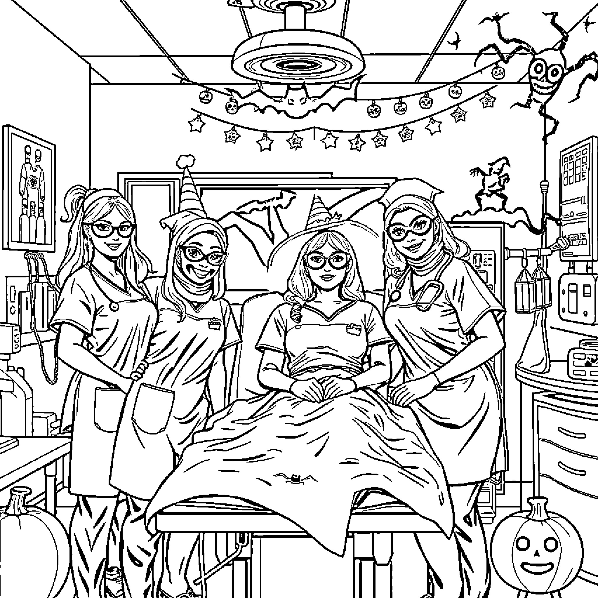 Nurses Celebrating Halloween Together in Hospital Ward Coloring Page (free black-and-white line drawing printable PDF for all, from beginners to advanced learners, including children, teens, adults, and seniors)