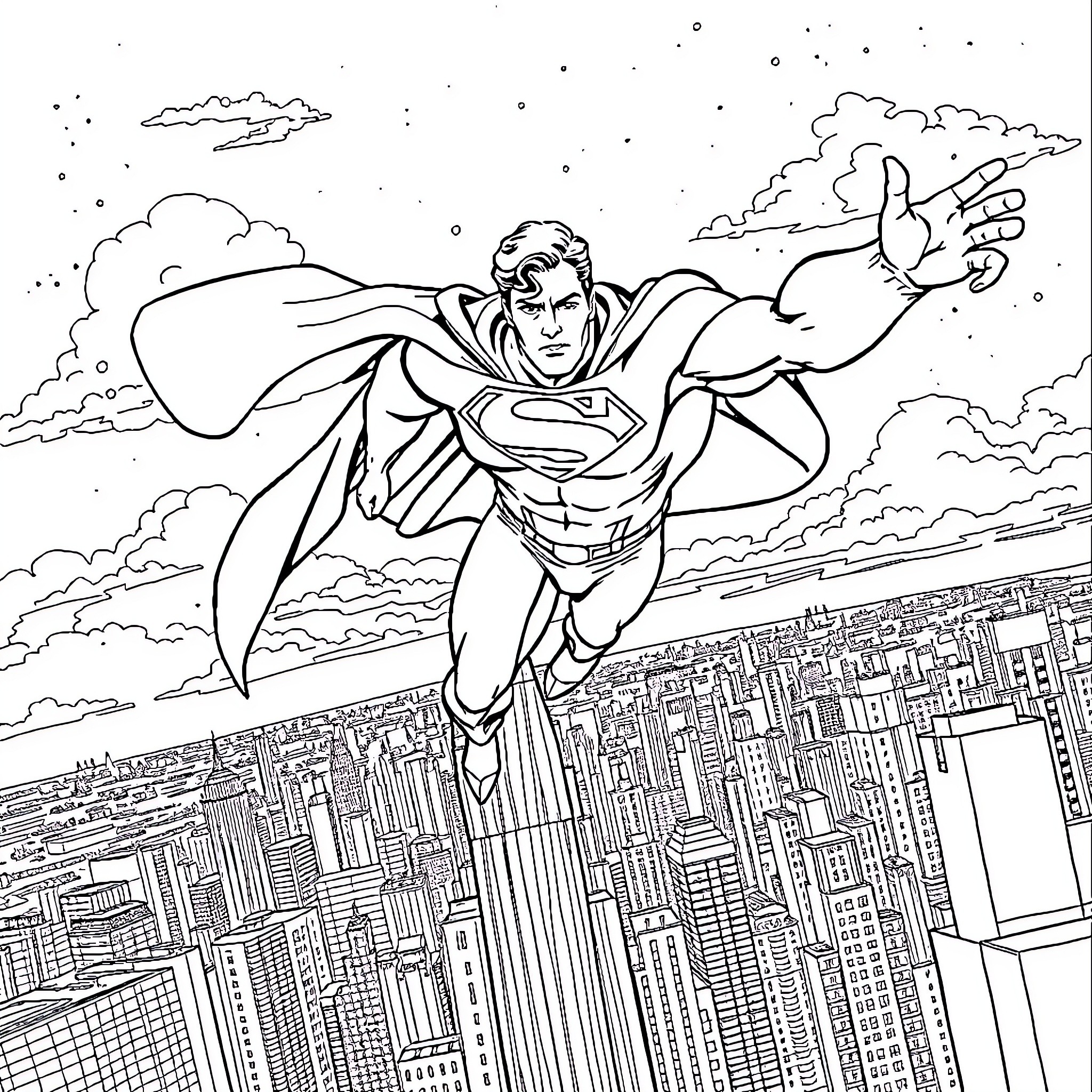 Superman soaring through the skies over the city Coloring Page (free black-and-white line drawing printable PDF for all, from beginners to advanced learners, including children, teens, adults, and seniors)