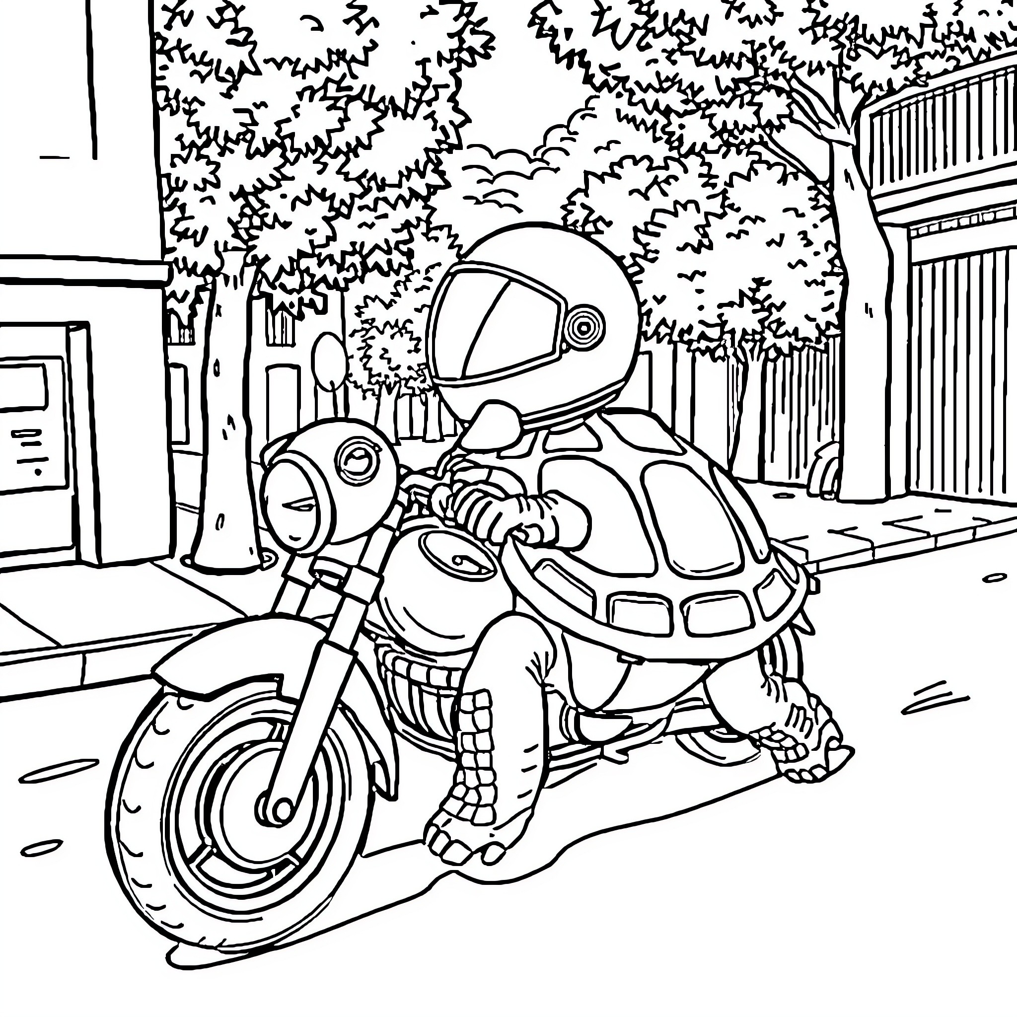 Turtle on a motorcycle in a city street Coloring Page (free black-and-white line drawing printable PDF for all, from beginners to advanced learners, including children, teens, adults, and seniors)