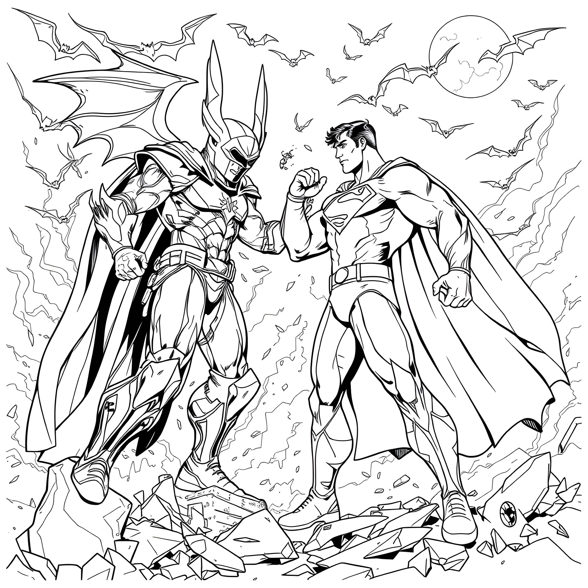 Superman heroically confronting a powerful demonic foe Coloring Page (free black-and-white line drawing printable PDF for all, from beginners to advanced learners, including children, teens, adults, and seniors)