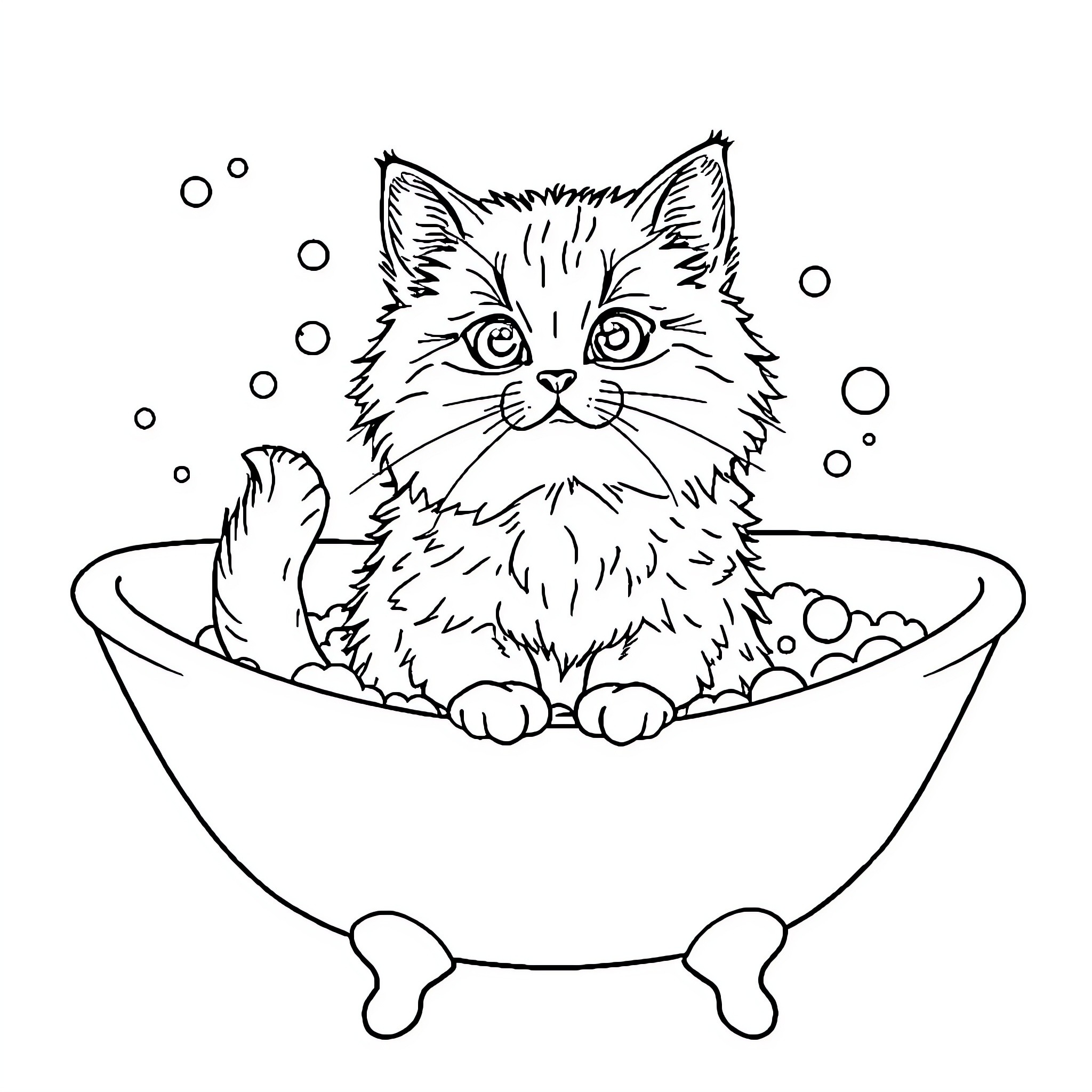 Cat relaxing in a bubble bath Coloring Page (free black-and-white line drawing printable PDF for all, from beginners to advanced learners, including children, teens, adults, and seniors)