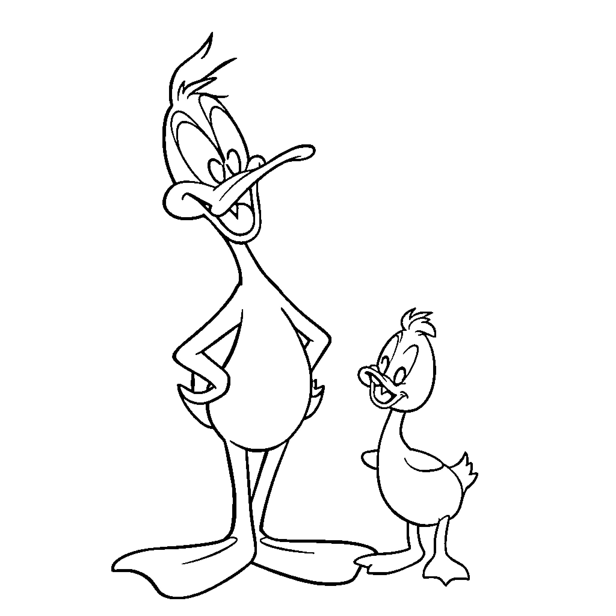 Daffy Duck and Tiny Duck Sharing a Moment Coloring Page (free black-and-white line drawing printable PDF for all, from beginners to advanced learners, including children, teens, adults, and seniors)