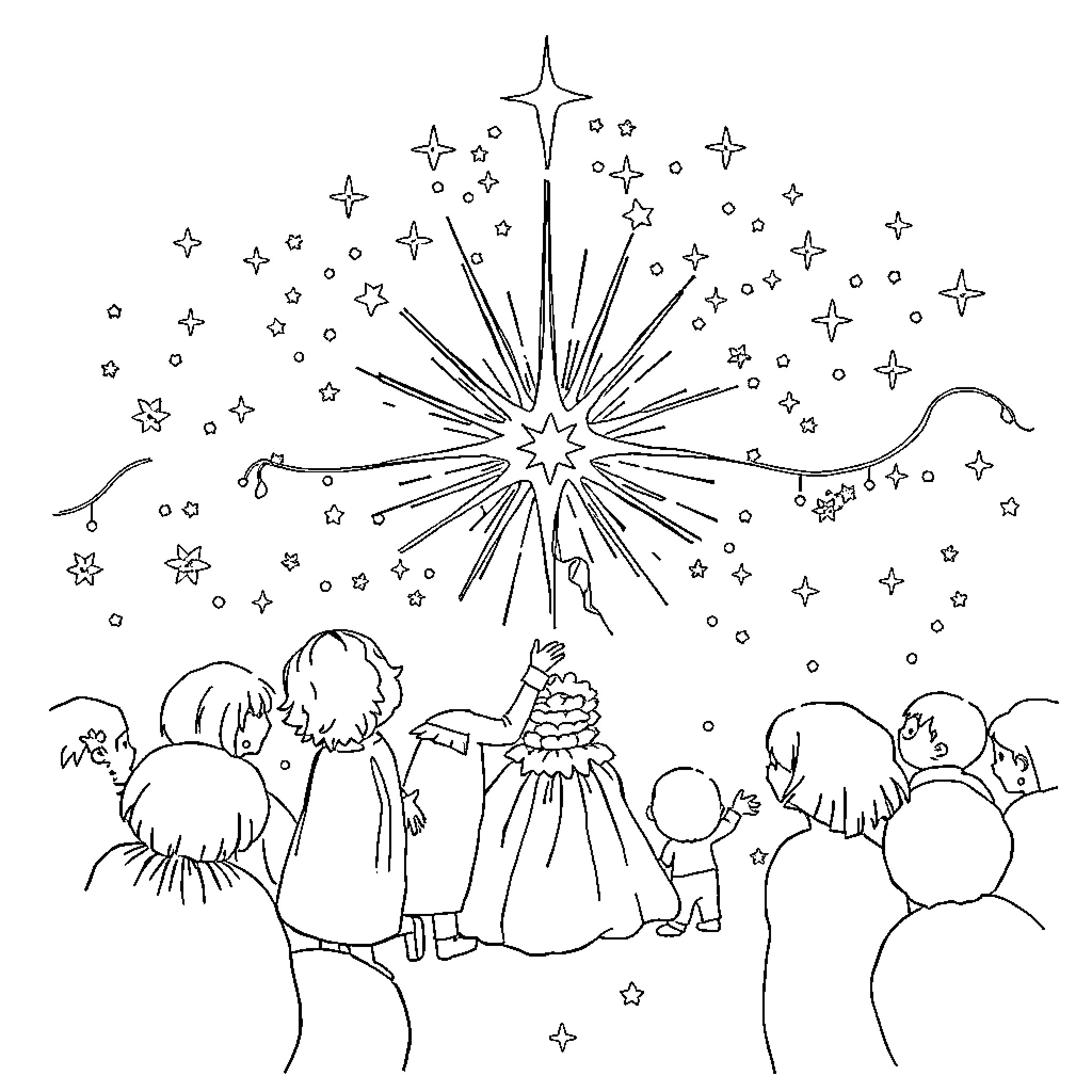 Miraculous Celebration of Sparkles and Joy Coloring Page (free black-and-white line drawing printable PDF for all, from beginners to advanced learners, including children, teens, adults, and seniors)