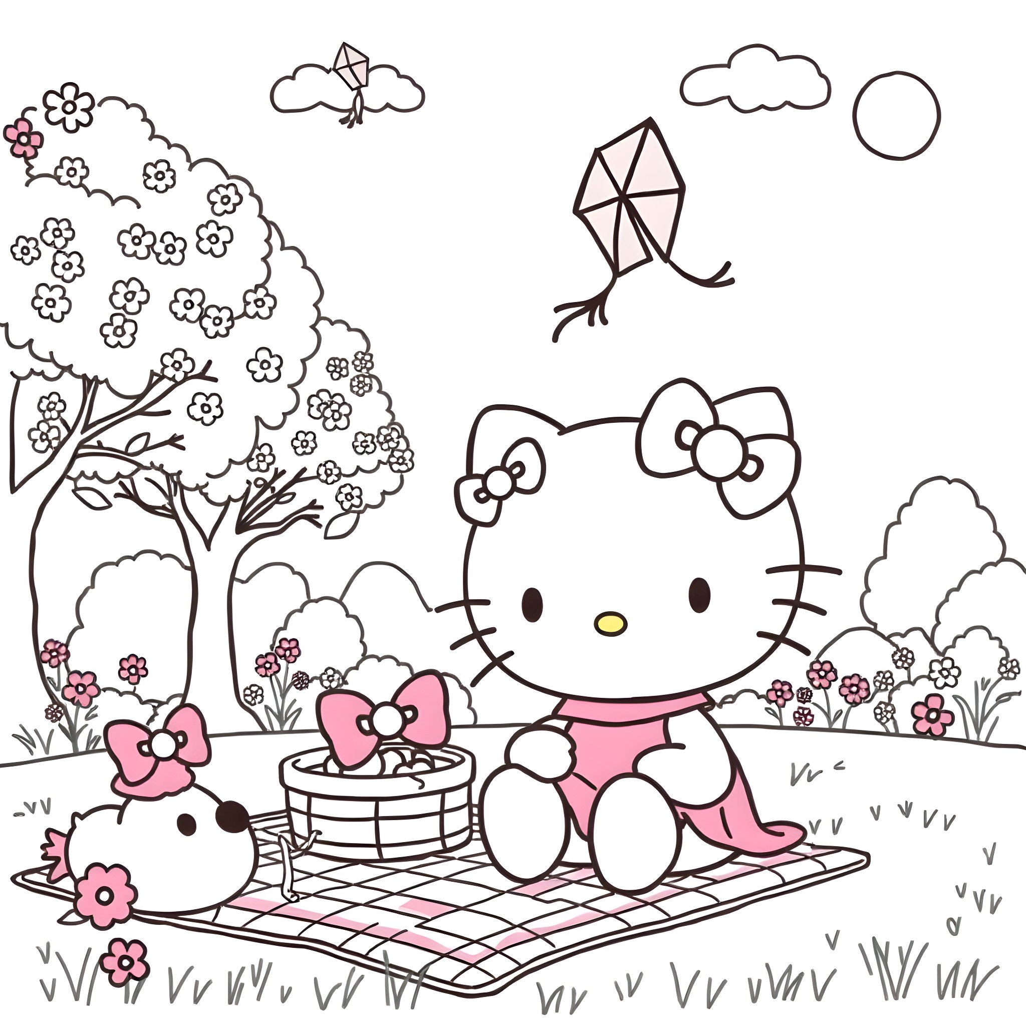 Hello Kitty enjoying a picnic in the park Coloring Page (free black-and-white line drawing printable PDF for all, from beginners to advanced learners, including children, teens, adults, and seniors)
