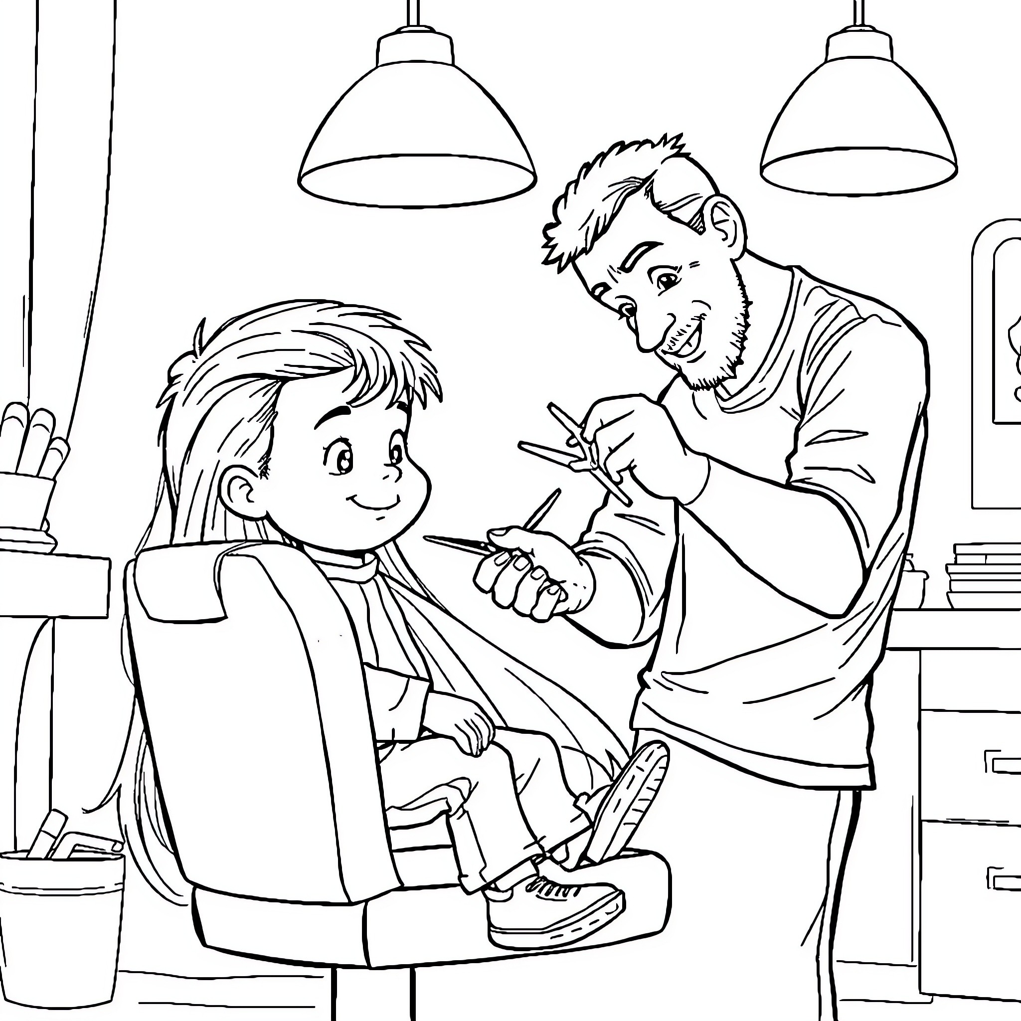 Boy getting haircut from friendly barber Coloring Page (free black-and-white line drawing printable PDF for all, from beginners to advanced learners, including children, teens, adults, and seniors)
