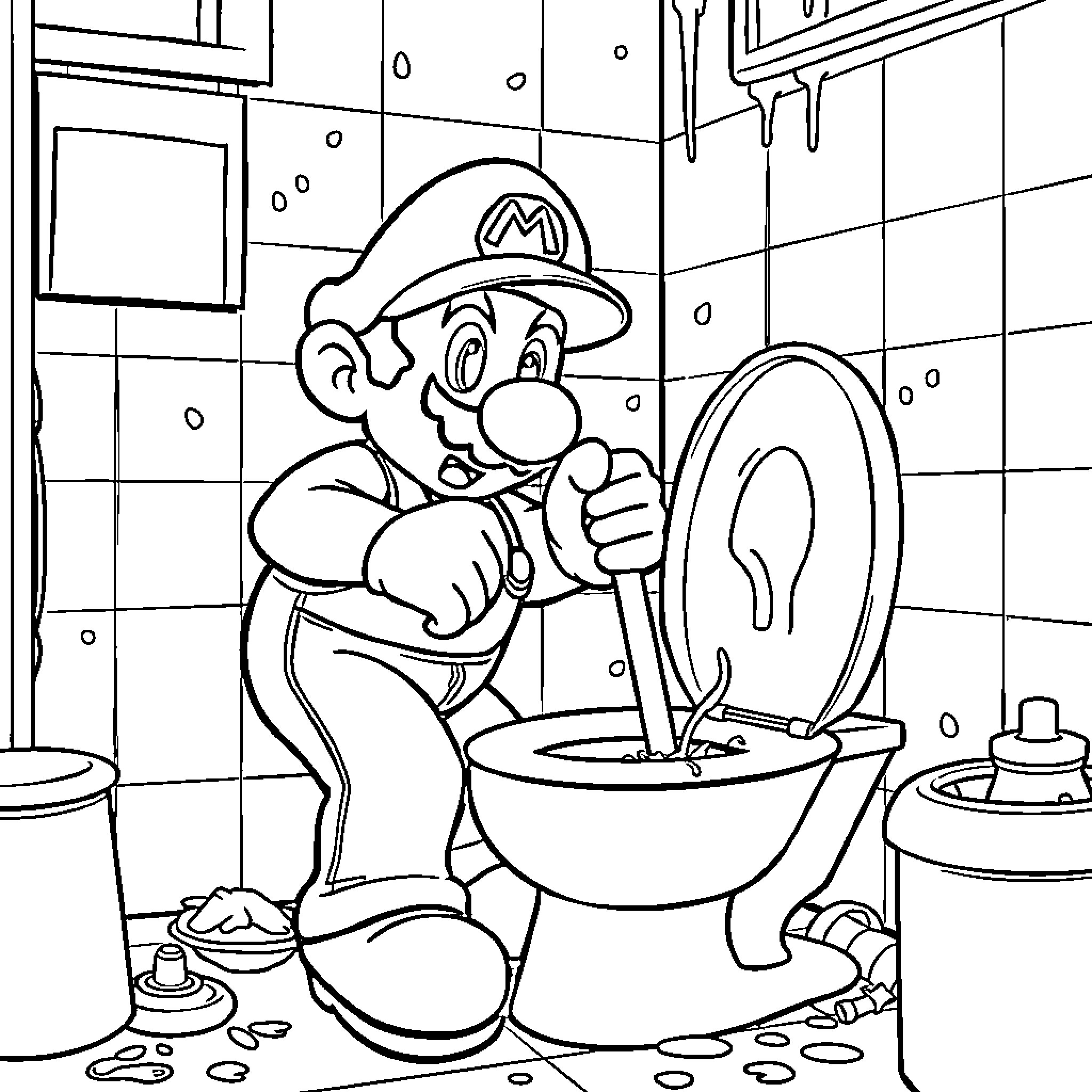 Mario Plumber Fixing a Toilet Coloring Page (free black-and-white line drawing printable PDF for all, from beginners to advanced learners, including children, teens, adults, and seniors)
