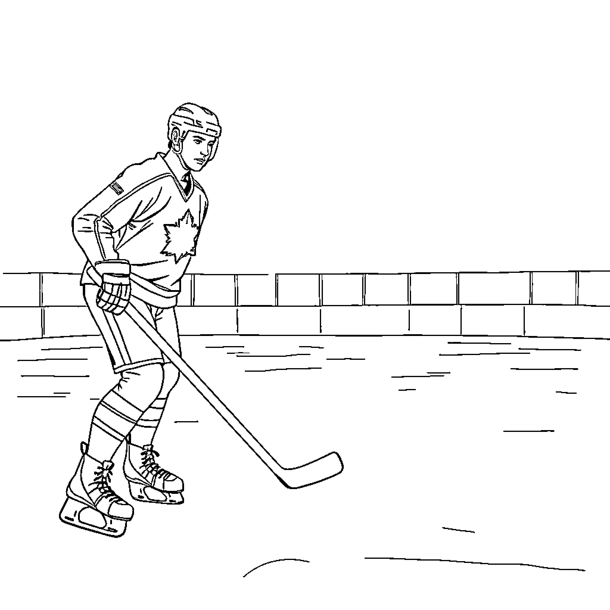 Hockey Player Skating Aggressively on Ice Rink Coloring Page (free black-and-white line drawing printable PDF for all, from beginners to advanced learners, including children, teens, adults, and seniors)
