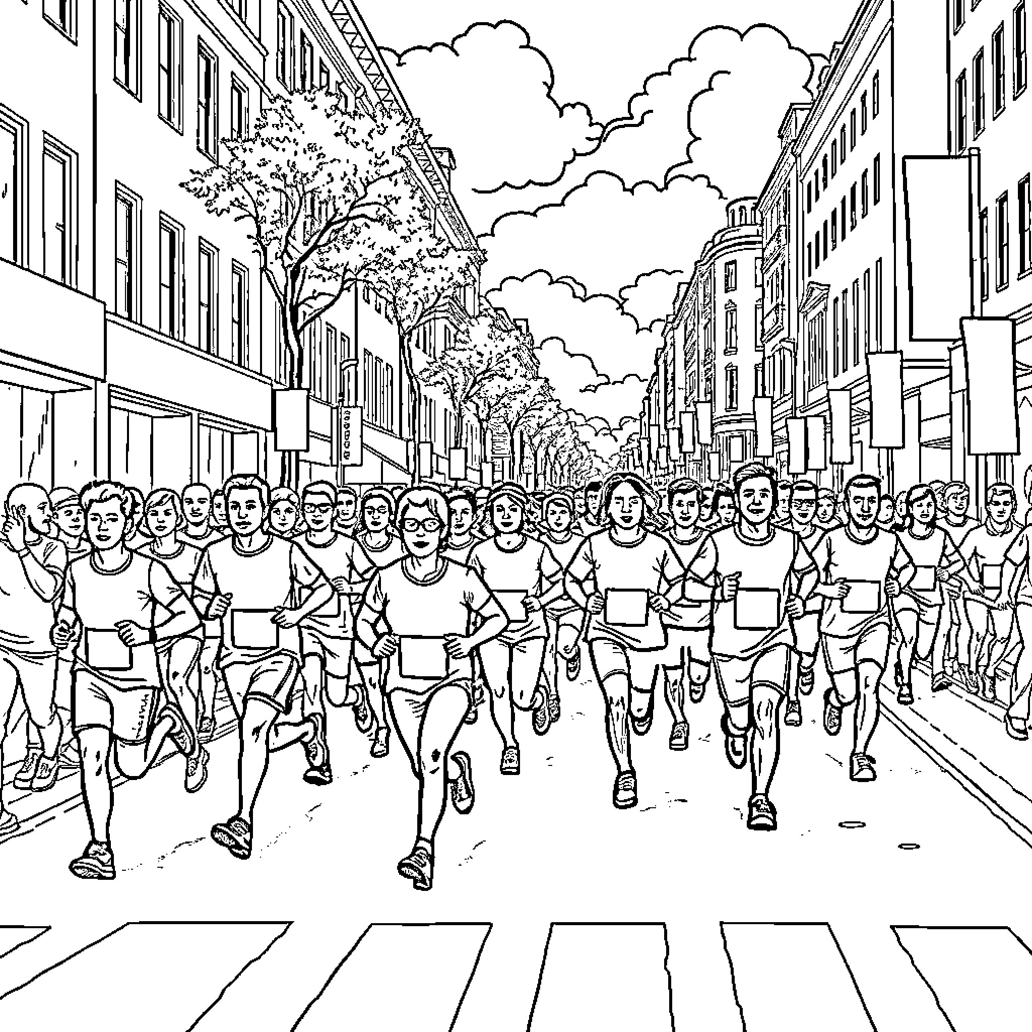 Marathon runners on city streets Coloring Page (free black-and-white line drawing printable PDF for all, from beginners to advanced learners, including children, teens, adults, and seniors)