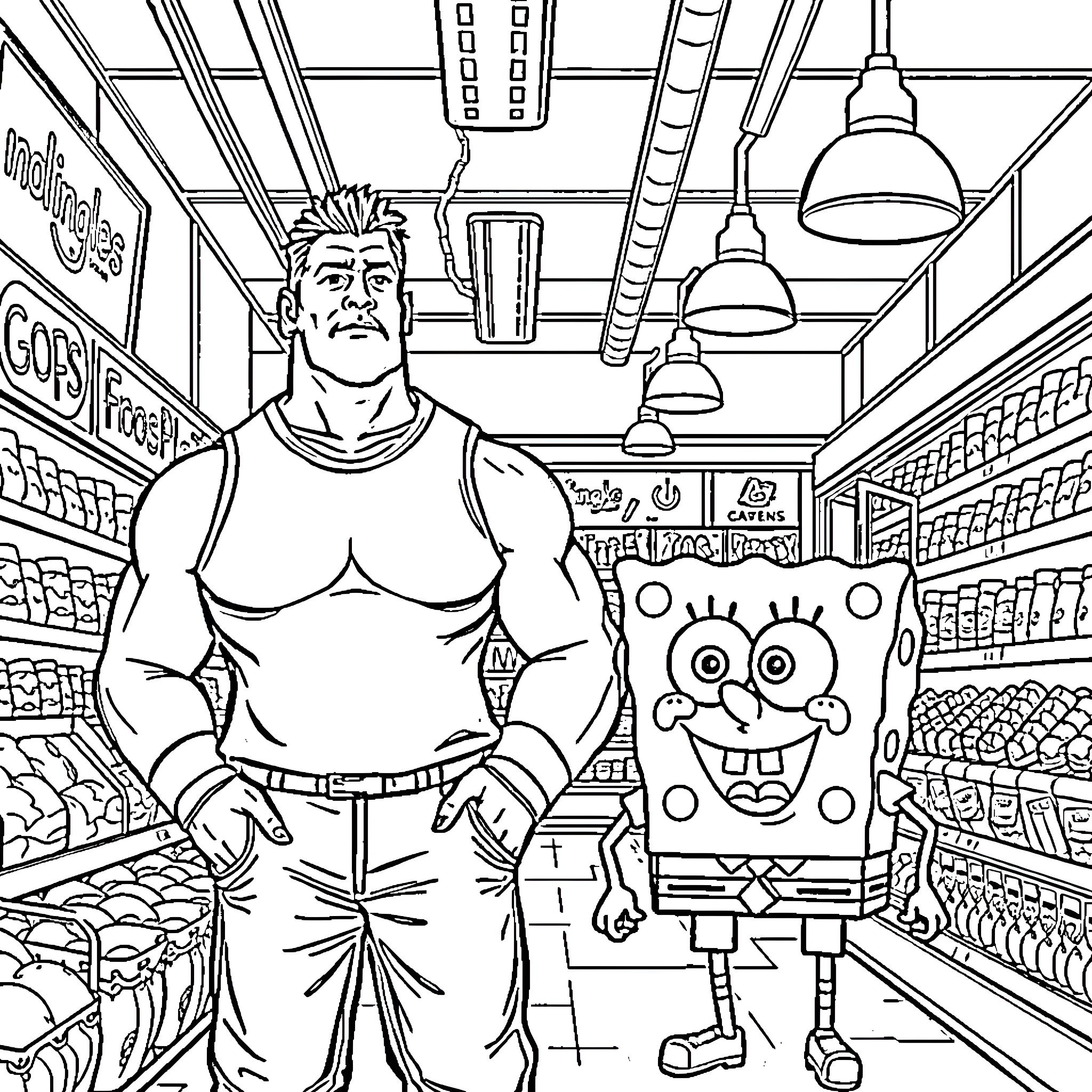 John Cena Confronts Spongebob in the Grocery Store Coloring Page (free black-and-white line drawing printable PDF for all, from beginners to advanced learners, including children, teens, adults, and seniors)