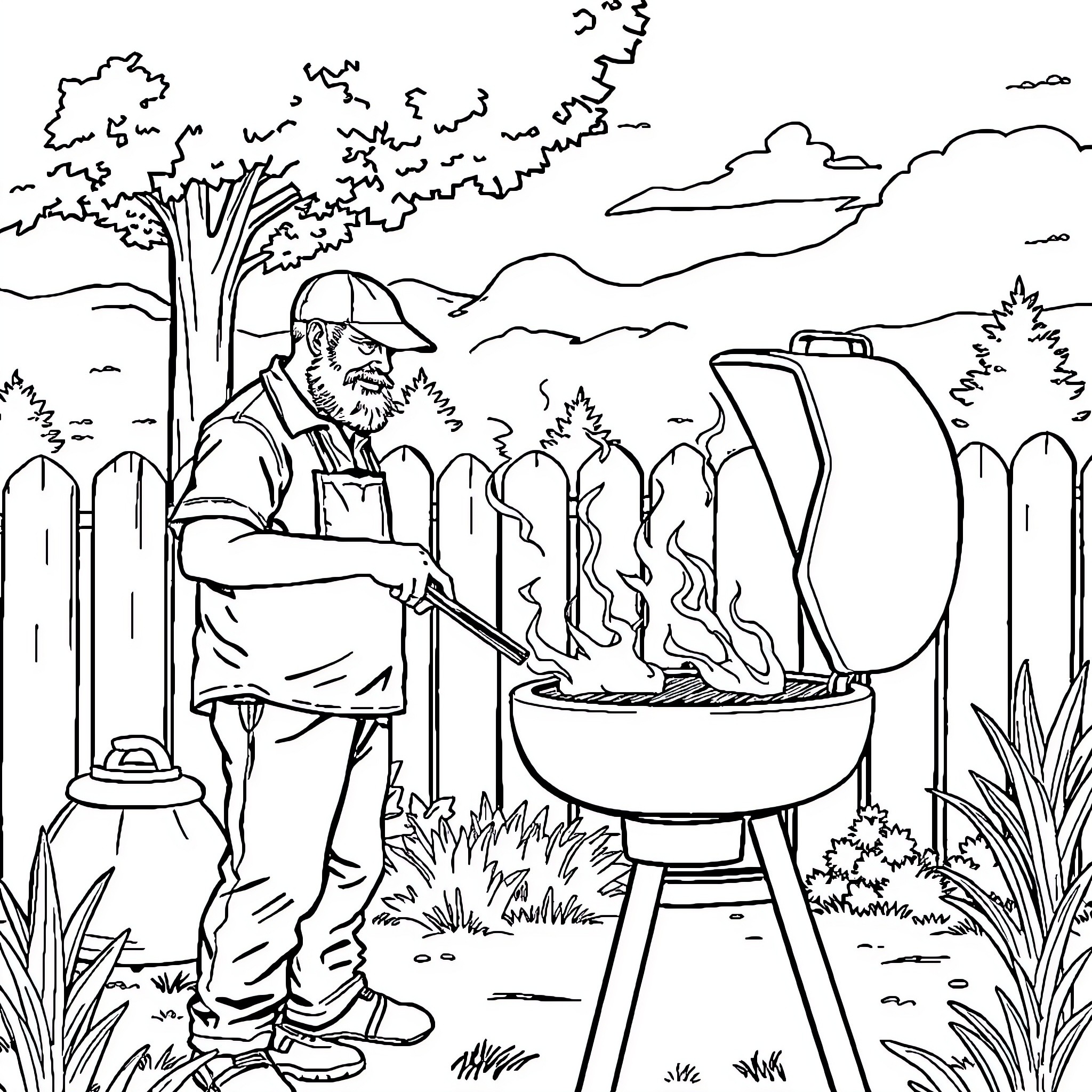 Man preparing food on outdoor grill in backyard Coloring Page (free black-and-white line drawing printable PDF for all, from beginners to advanced learners, including children, teens, adults, and seniors)