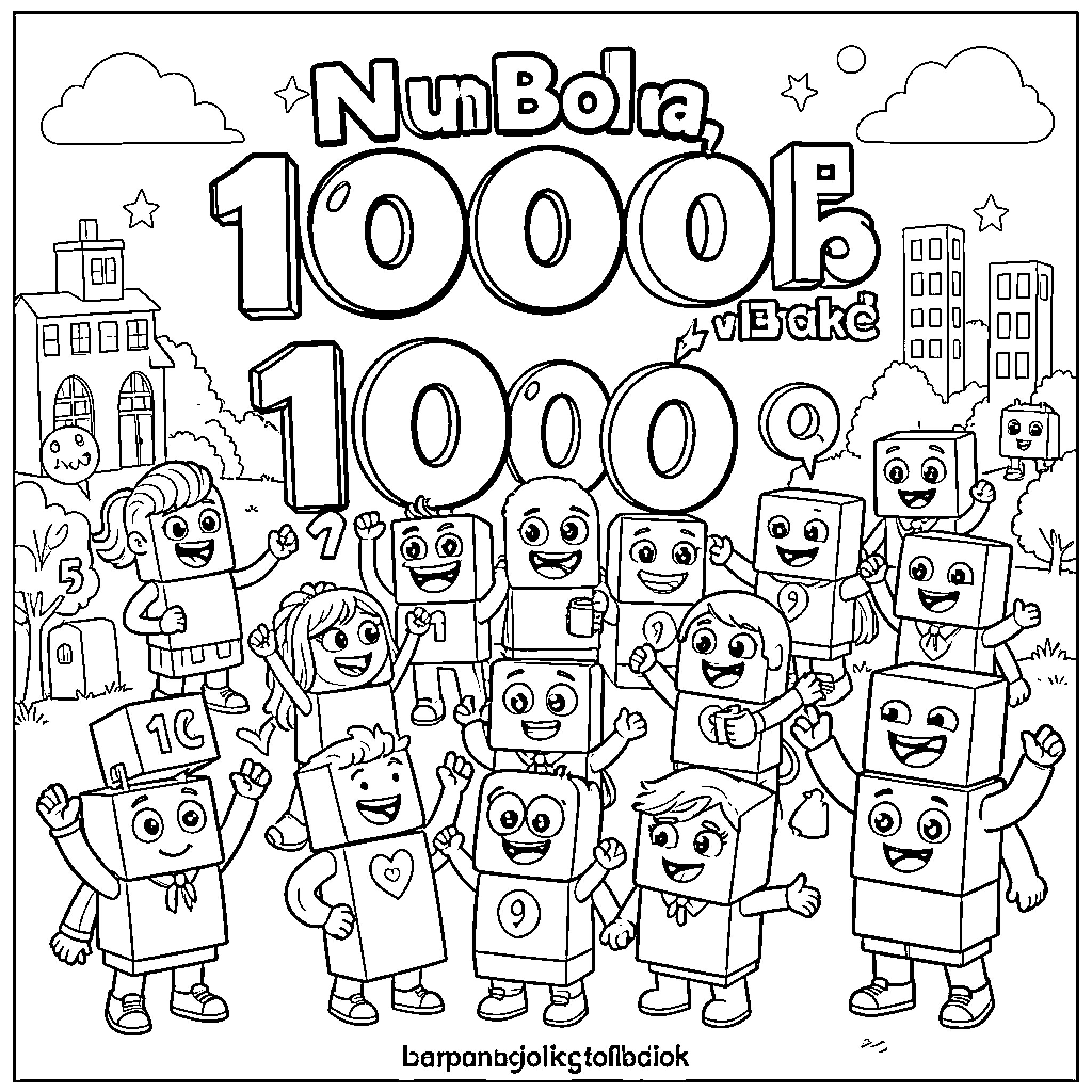 Numberblocks celebrating together in a joyful group scene Coloring Page (free black-and-white line drawing printable PDF for all, from beginners to advanced learners, including children, teens, adults, and seniors)