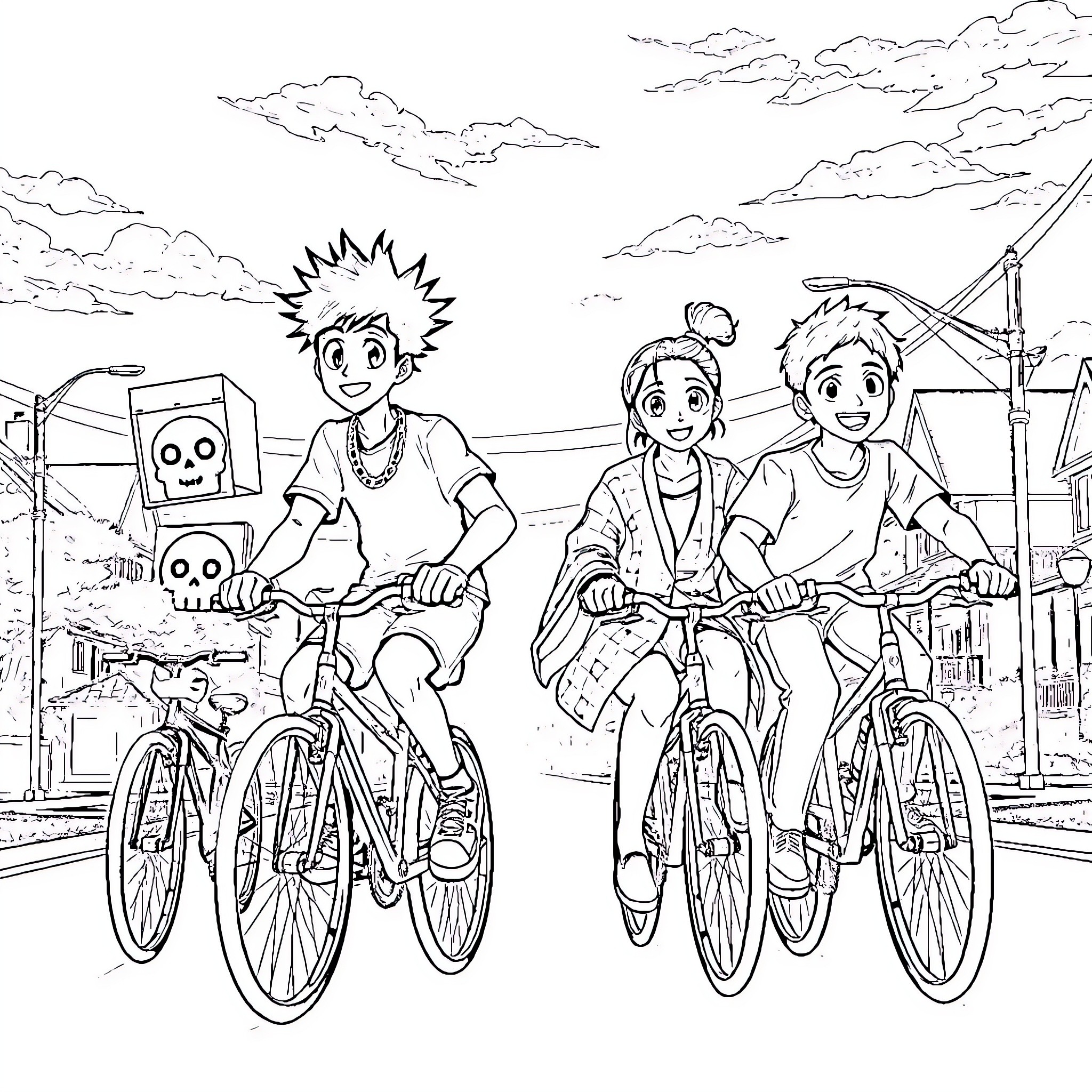 Friends enjoying a bike ride in the city Coloring Page (free black-and-white line drawing printable PDF for all, from beginners to advanced learners, including children, teens, adults, and seniors)
