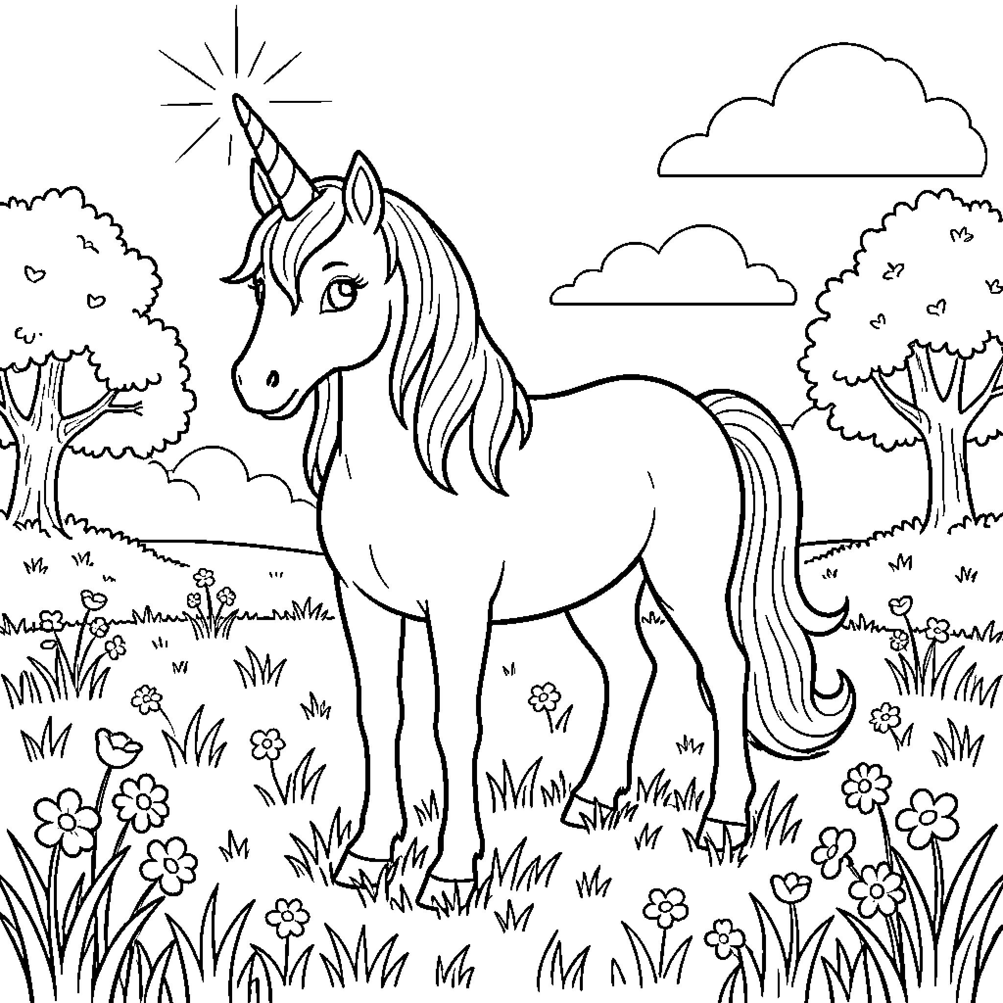 Unicorn in a magical meadow surrounded by nature Coloring Page (free black-and-white line drawing printable PDF for all, from beginners to advanced learners, including children, teens, adults, and seniors)
