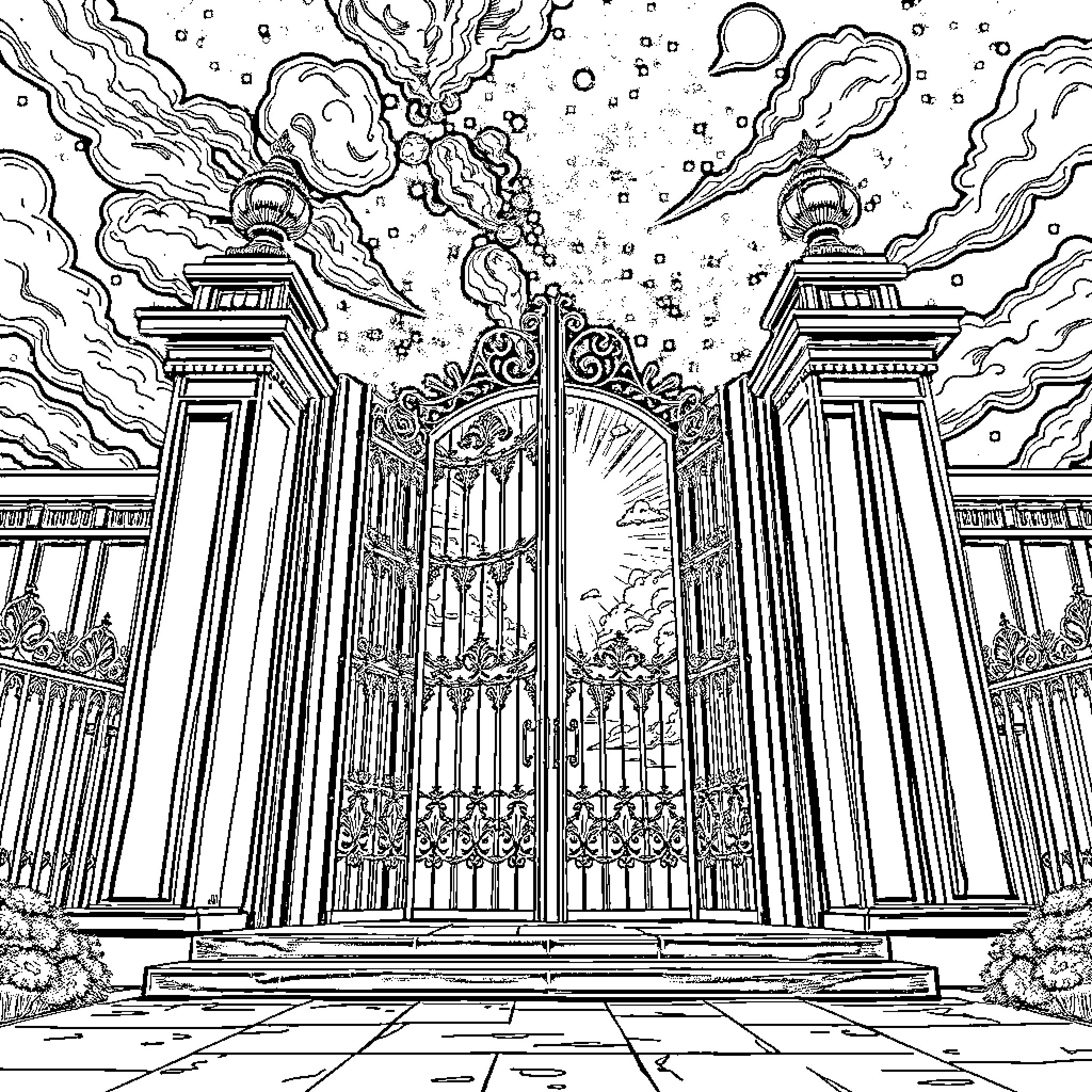 Heaven's Gate: Majestic Celestial Portal Coloring Page (free black-and-white line drawing printable PDF for all, from beginners to advanced learners, including children, teens, adults, and seniors)