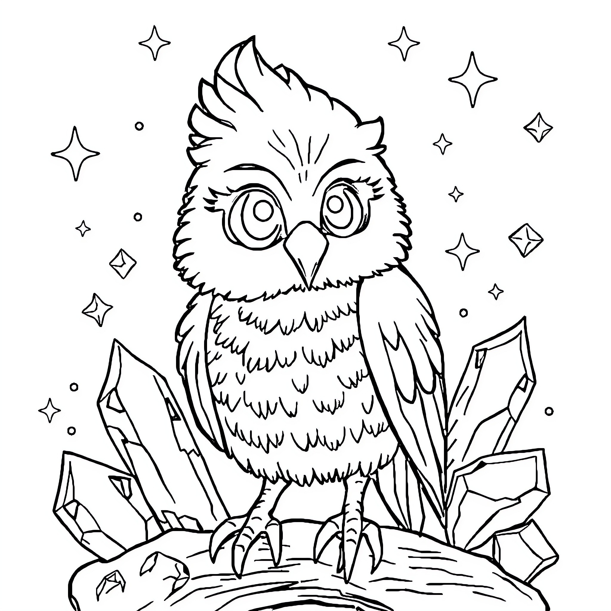 Squirrel Owl Perched on Crystals with Twinkling Stars Coloring Page (free black-and-white line drawing printable PDF for all, from beginners to advanced learners, including children, teens, adults, and seniors)
