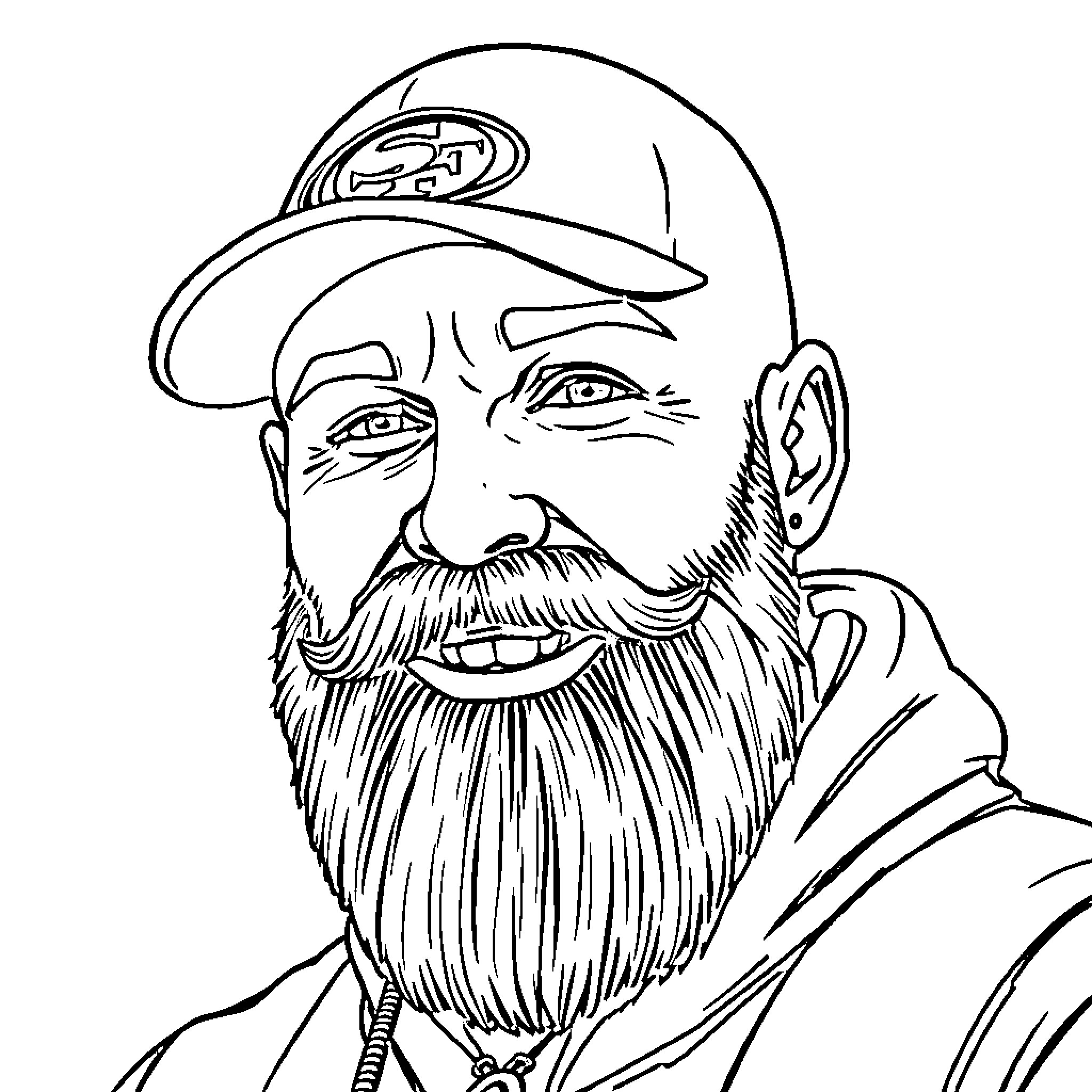 Fan of the Bearded Baseball Player Coloring Page (free black-and-white line drawing printable PDF for all, from beginners to advanced learners, including children, teens, adults, and seniors)