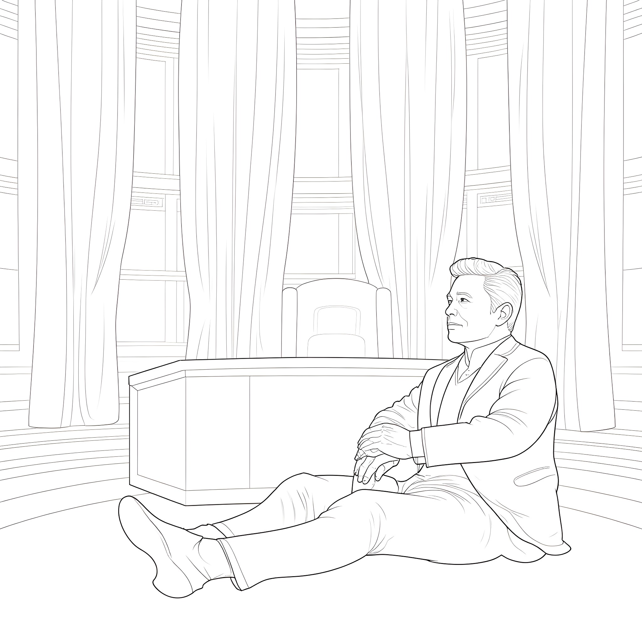 Elon in a contemplative moment at his office Coloring Page (free black-and-white line drawing printable PDF for all, from beginners to advanced learners, including children, teens, adults, and seniors)