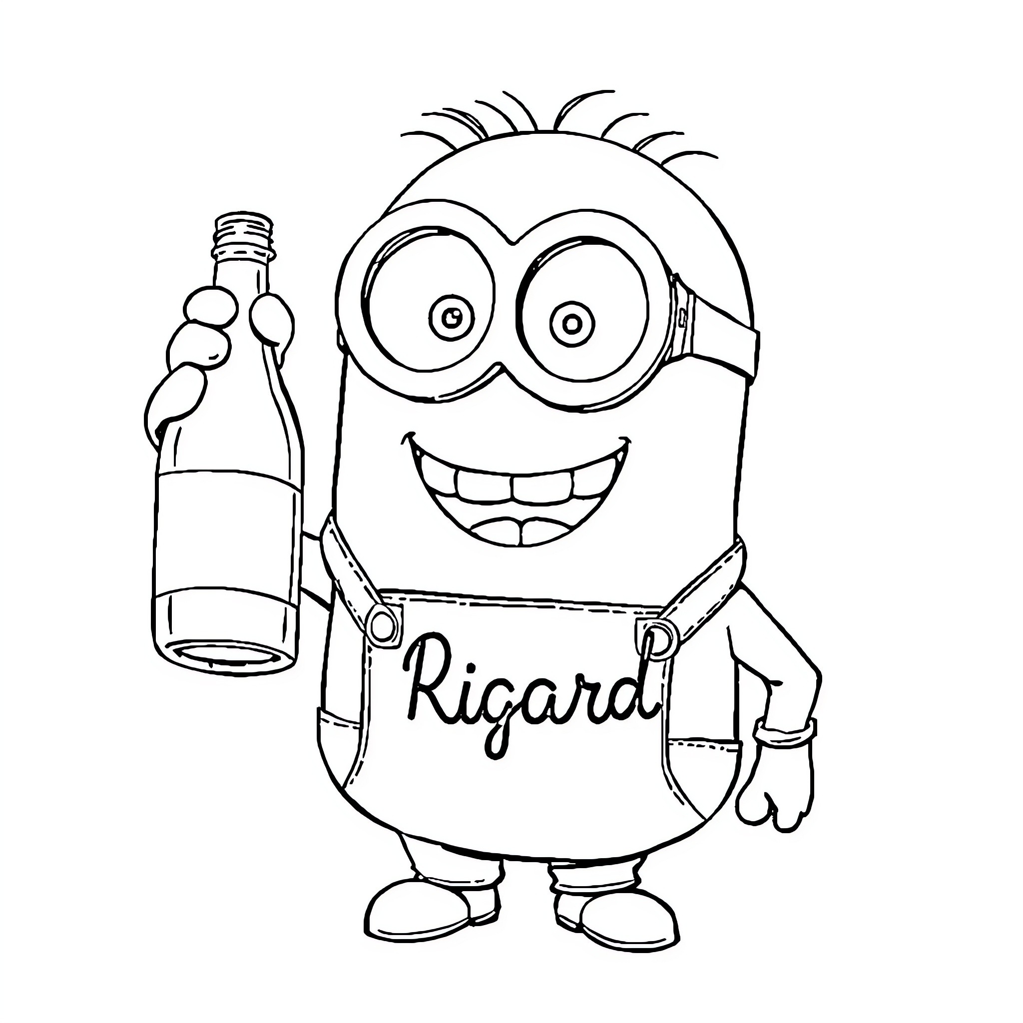 Minion holding a bottle and smiling happily Coloring Page (free black-and-white line drawing printable PDF for all, from beginners to advanced learners, including children, teens, adults, and seniors)