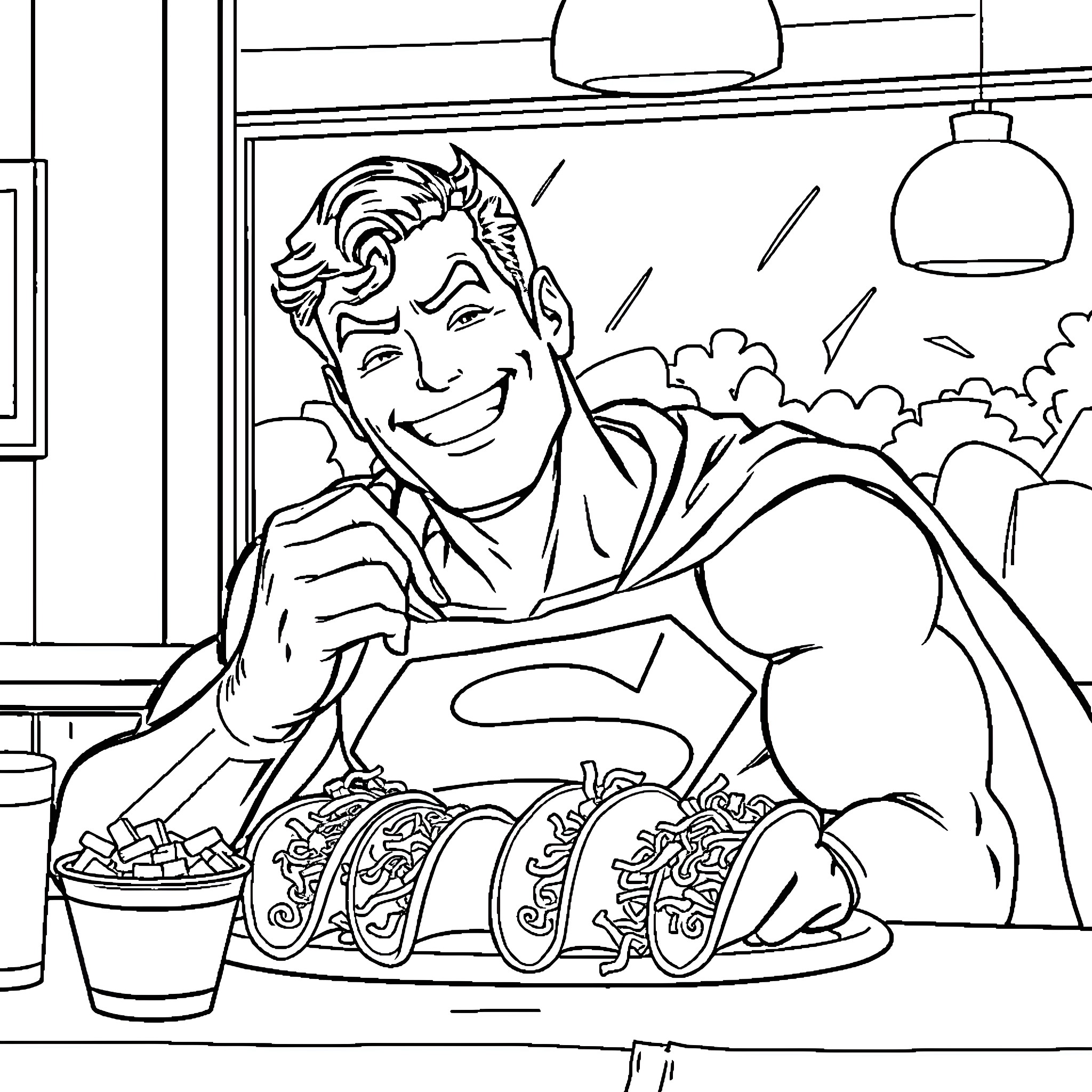 Superman Enjoying a Hearty Meal in the Diner Coloring Page (free black-and-white line drawing printable PDF for all, from beginners to advanced learners, including children, teens, adults, and seniors)