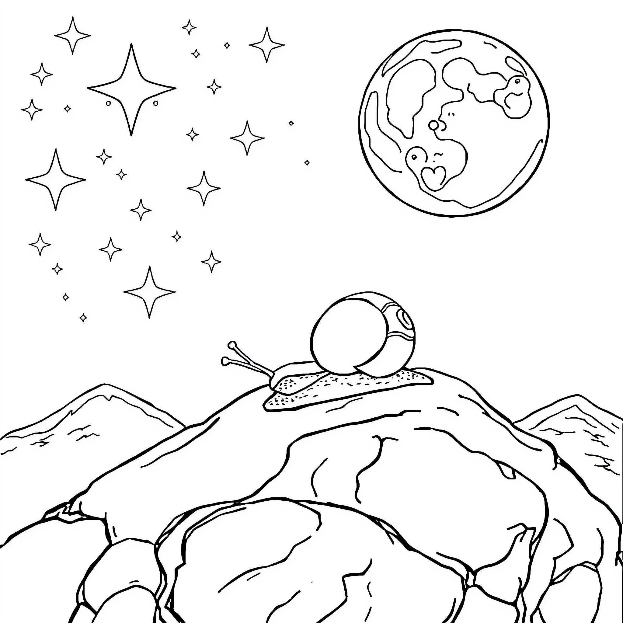 Snail exploring the night sky landscape Coloring Page (free black-and-white line drawing printable PDF for all, from beginners to advanced learners, including children, teens, adults, and seniors)