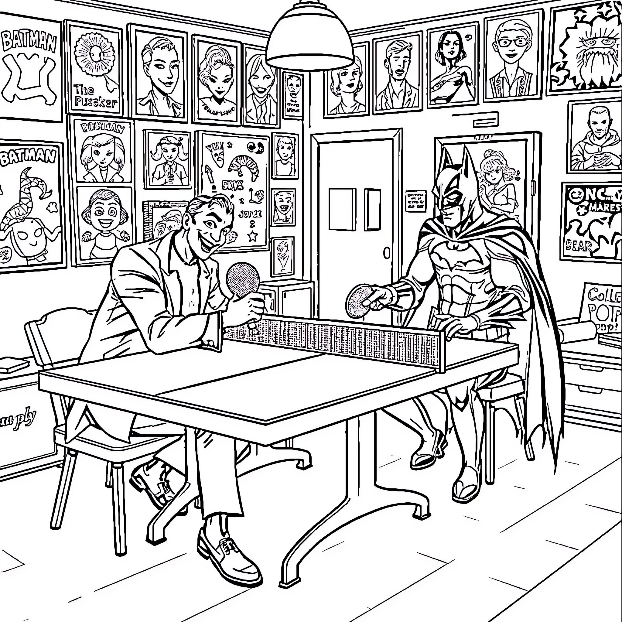 Joker and Batman in a comic book shop Coloring Page (free black-and-white line drawing printable PDF for all, from beginners to advanced learners, including children, teens, adults, and seniors)