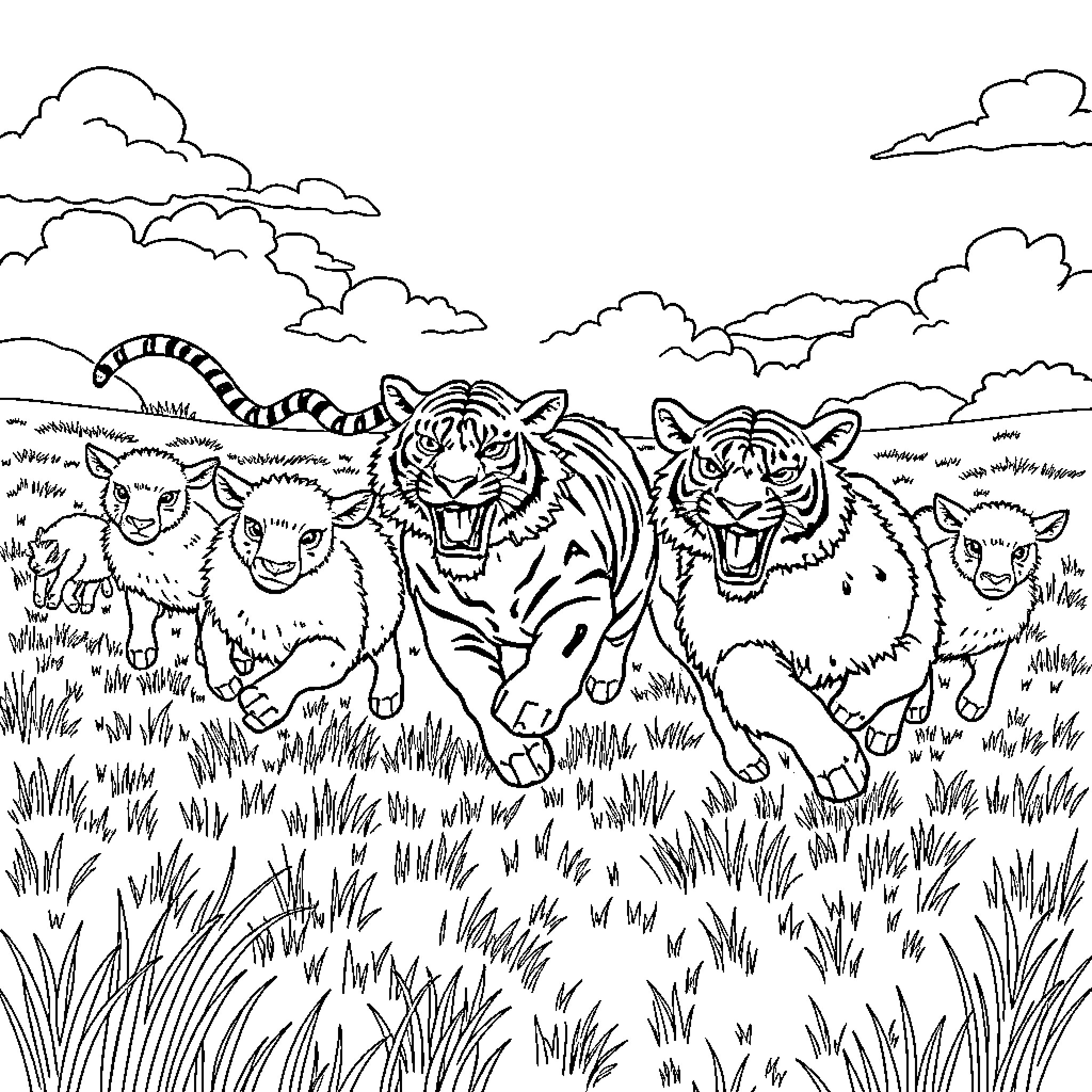 Sheep and tigers playing together in the meadow Coloring Page (free black-and-white line drawing printable PDF for all, from beginners to advanced learners, including children, teens, adults, and seniors)