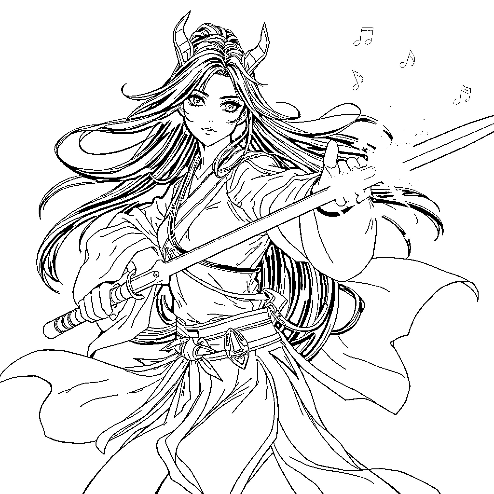 Rumi, the Musical Warrior Coloring Page (free black-and-white line drawing printable PDF for all, from beginners to advanced learners, including children, teens, adults, and seniors)