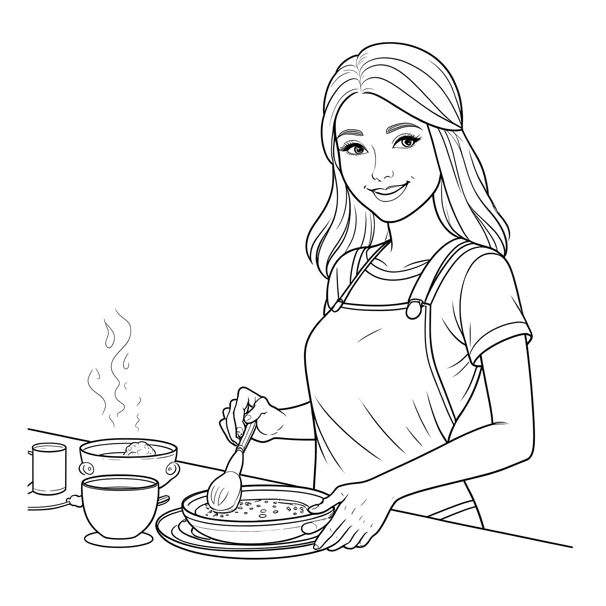 Woman cooking a hot meal in the kitchen Coloring Page (free black-and-white line drawing printable PDF for all, from beginners to advanced learners, including children, teens, adults, and seniors)