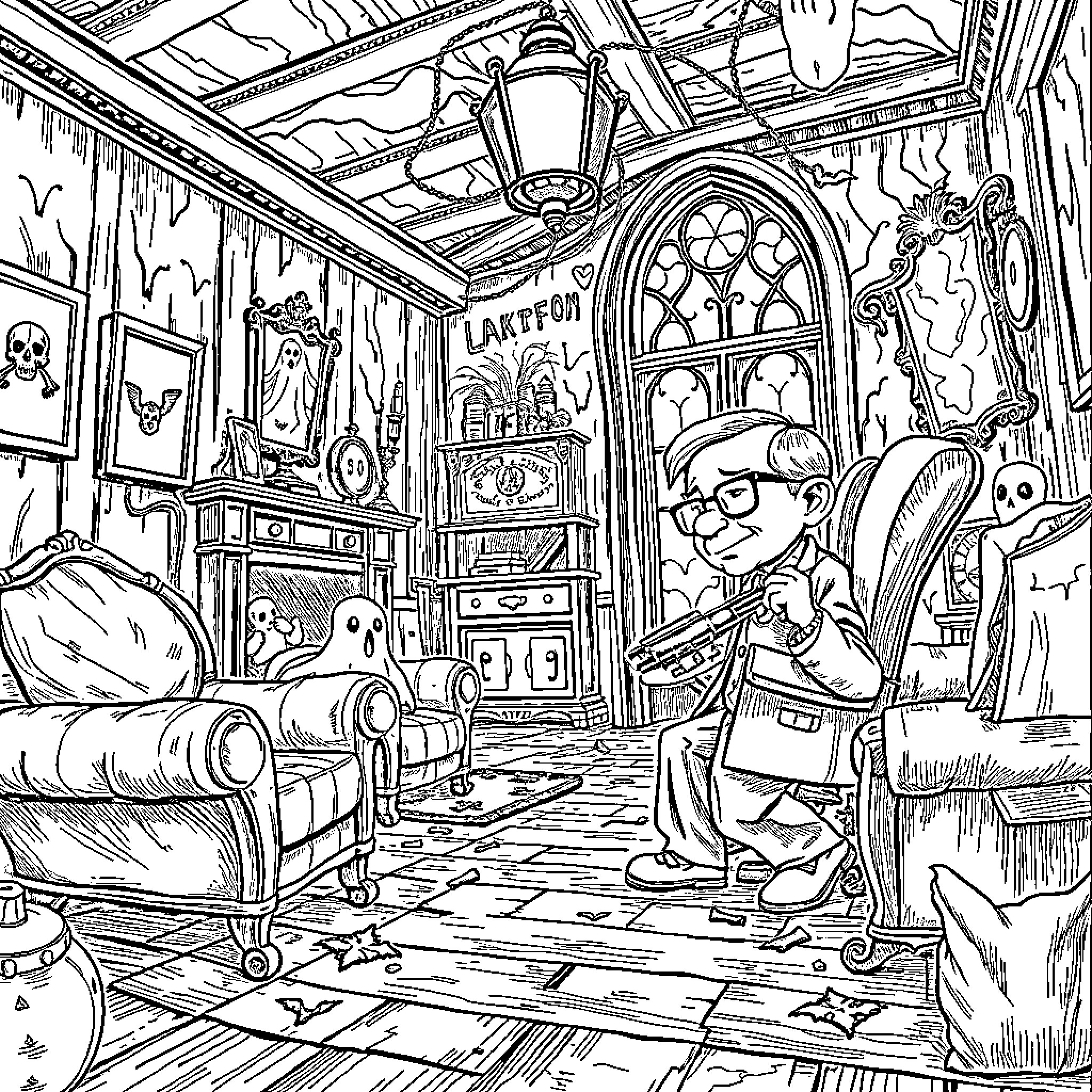 Stephen Hawking's Whimsical Study with Eccentric Decor Coloring Page (free black-and-white line drawing printable PDF for all, from beginners to advanced learners, including children, teens, adults, and seniors)