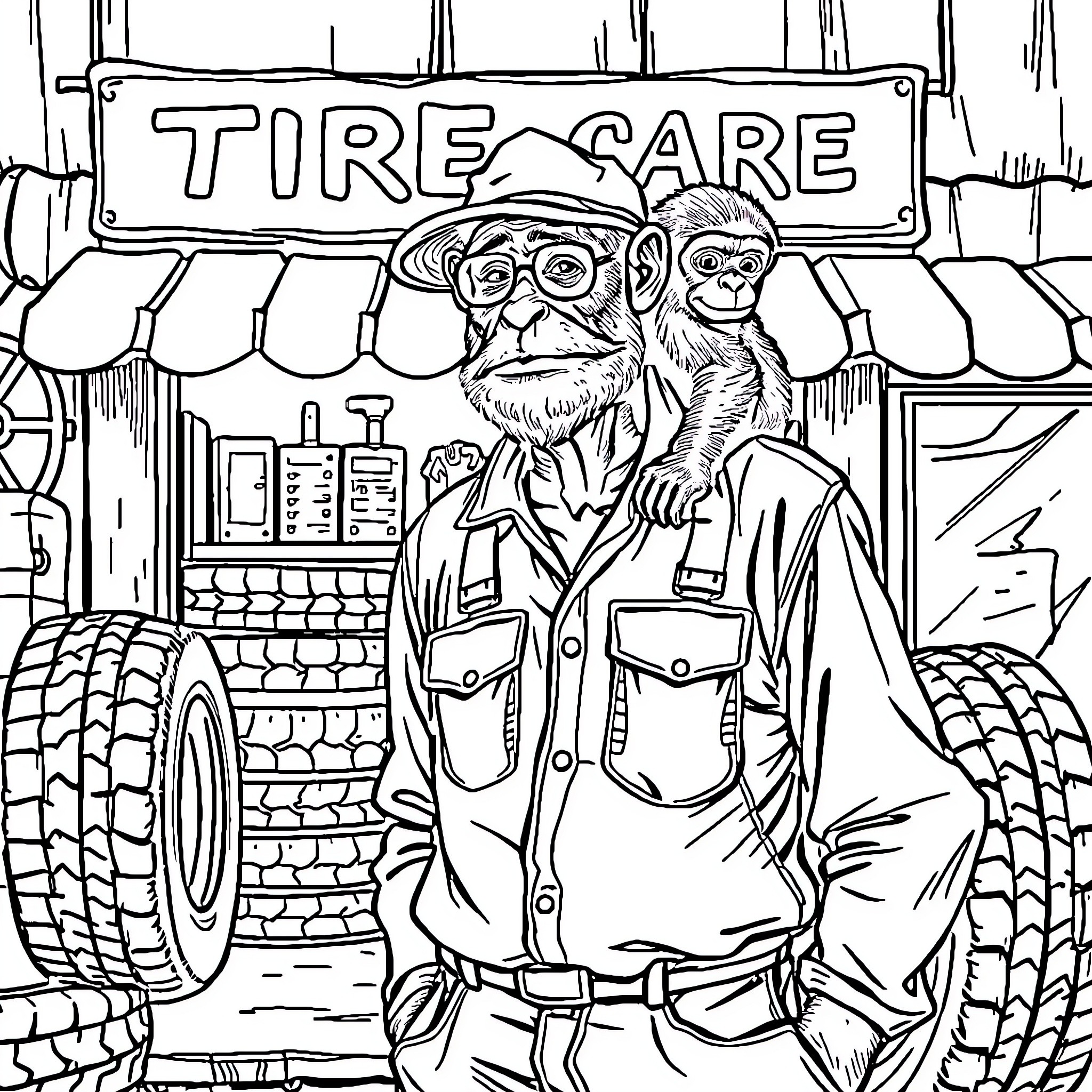 Tire Service Provider Assisting Customers at Shop Coloring Page (free black-and-white line drawing printable PDF for all, from beginners to advanced learners, including children, teens, adults, and seniors)