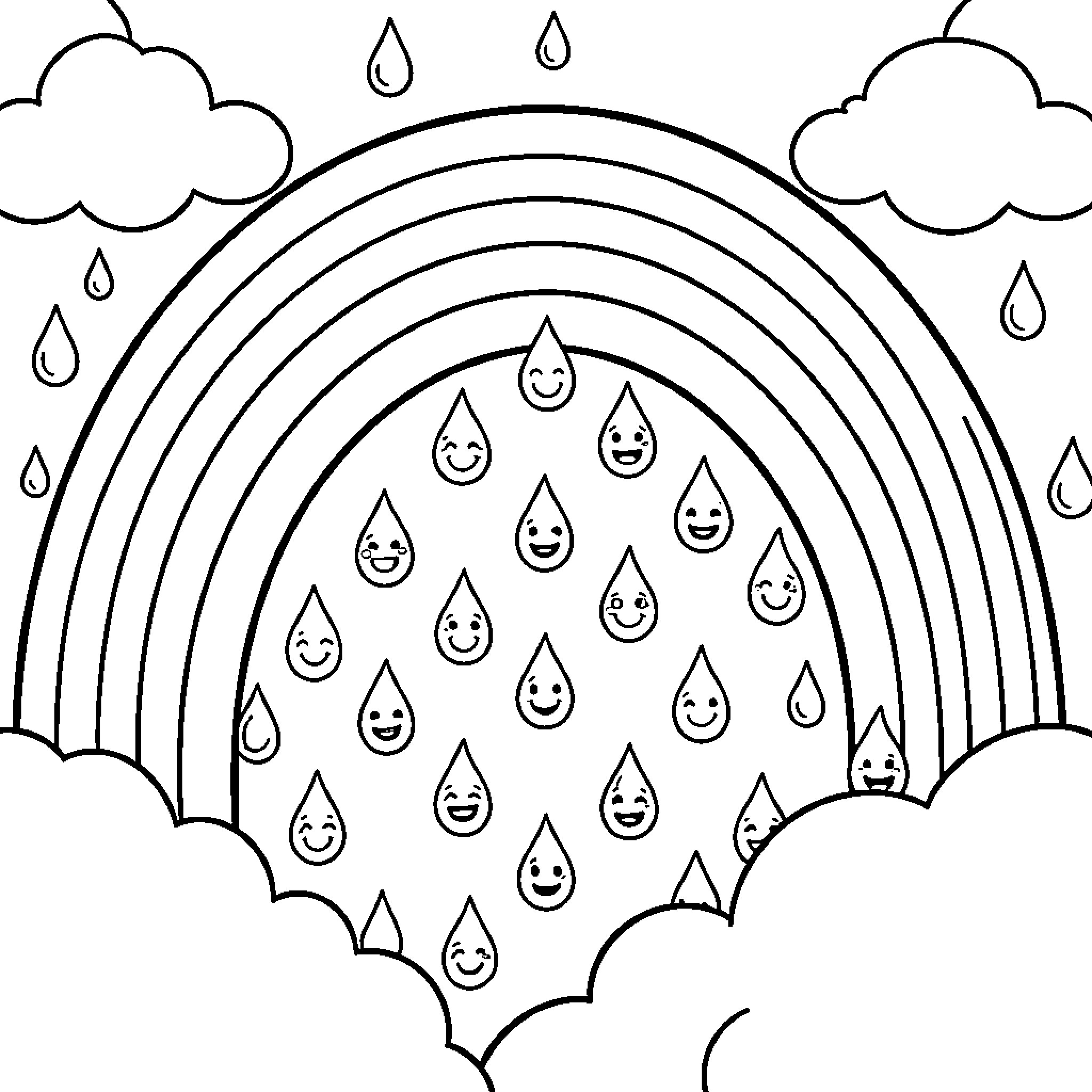 Rainbow Fun with Smiling Raindrops Coloring Page (free black-and-white line drawing printable PDF for all, from beginners to advanced learners, including children, teens, adults, and seniors)