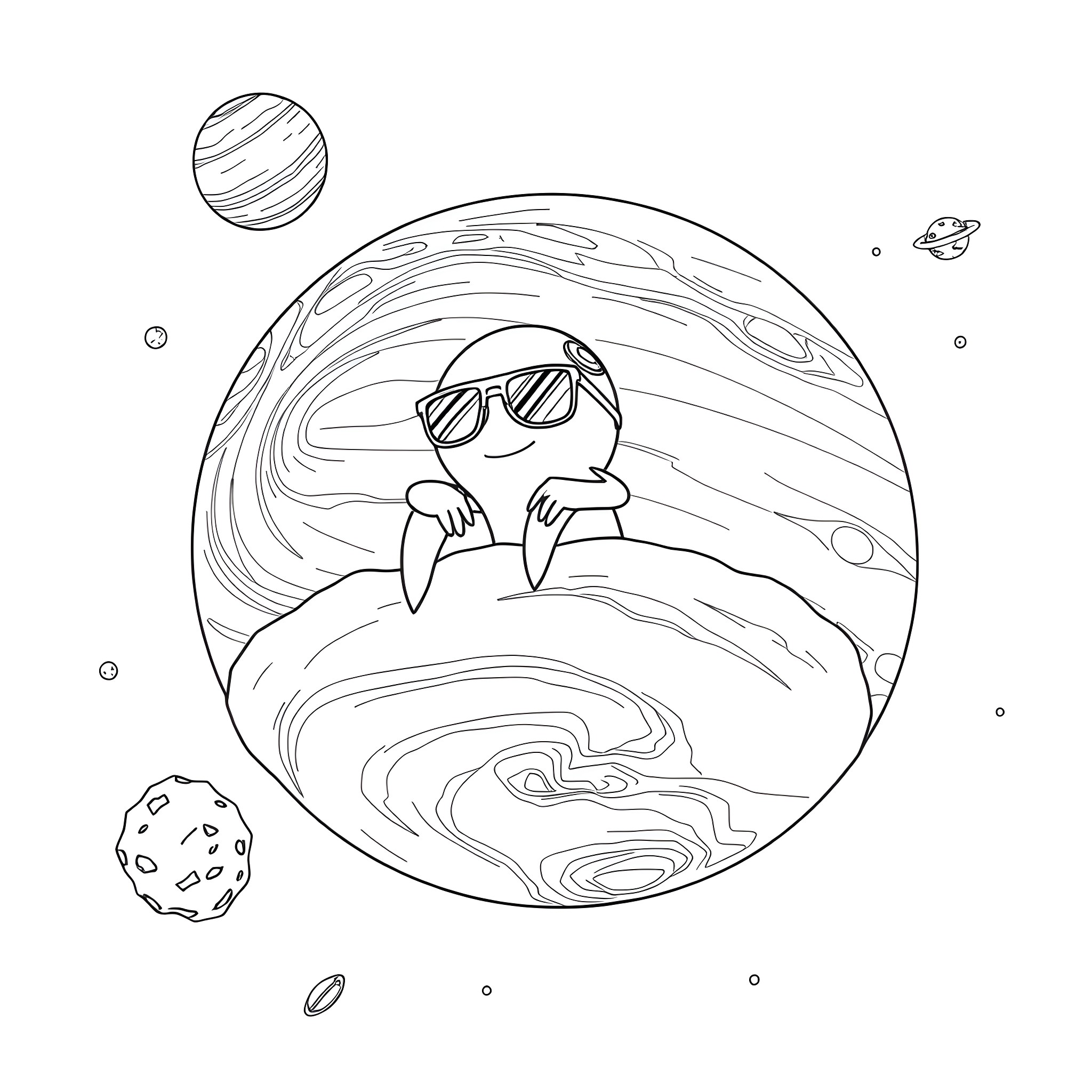 Planet with alien creature in sunglasses Coloring Page (free black-and-white line drawing printable PDF for all, from beginners to advanced learners, including children, teens, adults, and seniors)