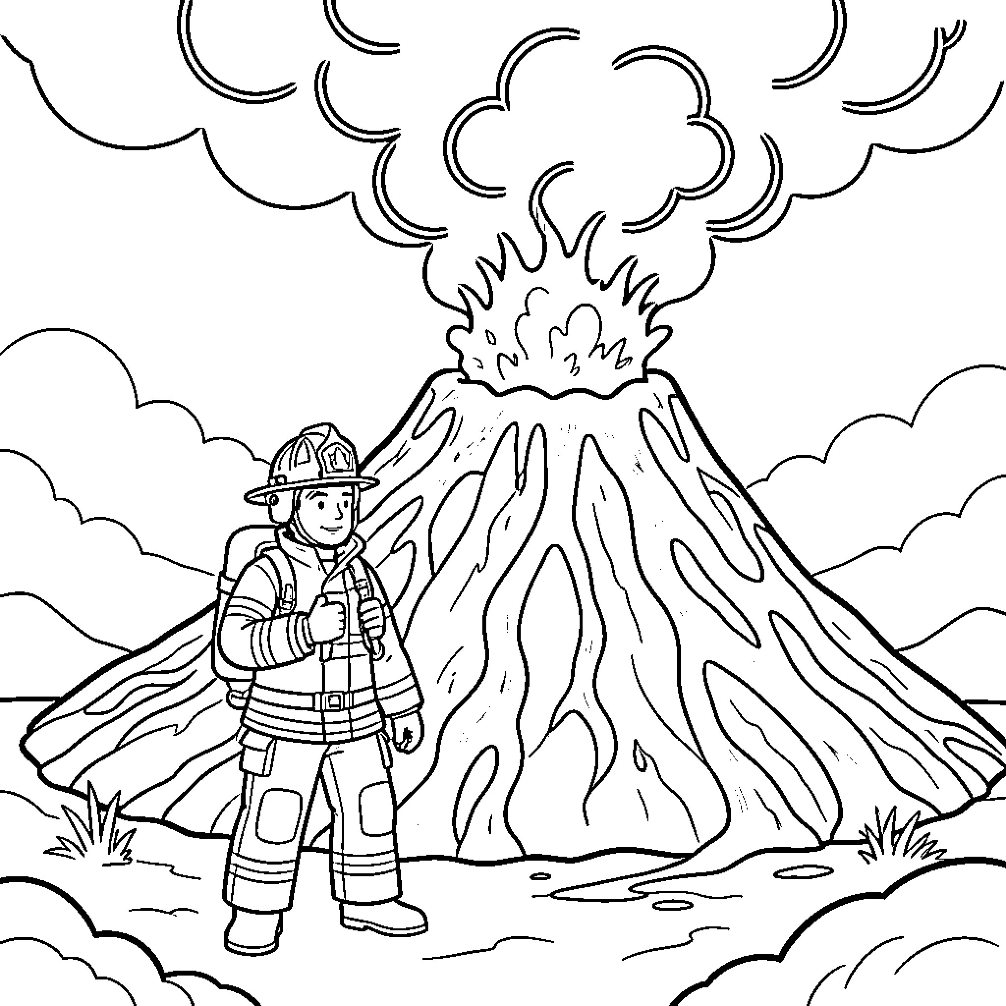 Lyon Firefighter Facing Erupting Volcano Coloring Page (free black-and-white line drawing printable PDF for all, from beginners to advanced learners, including children, teens, adults, and seniors)