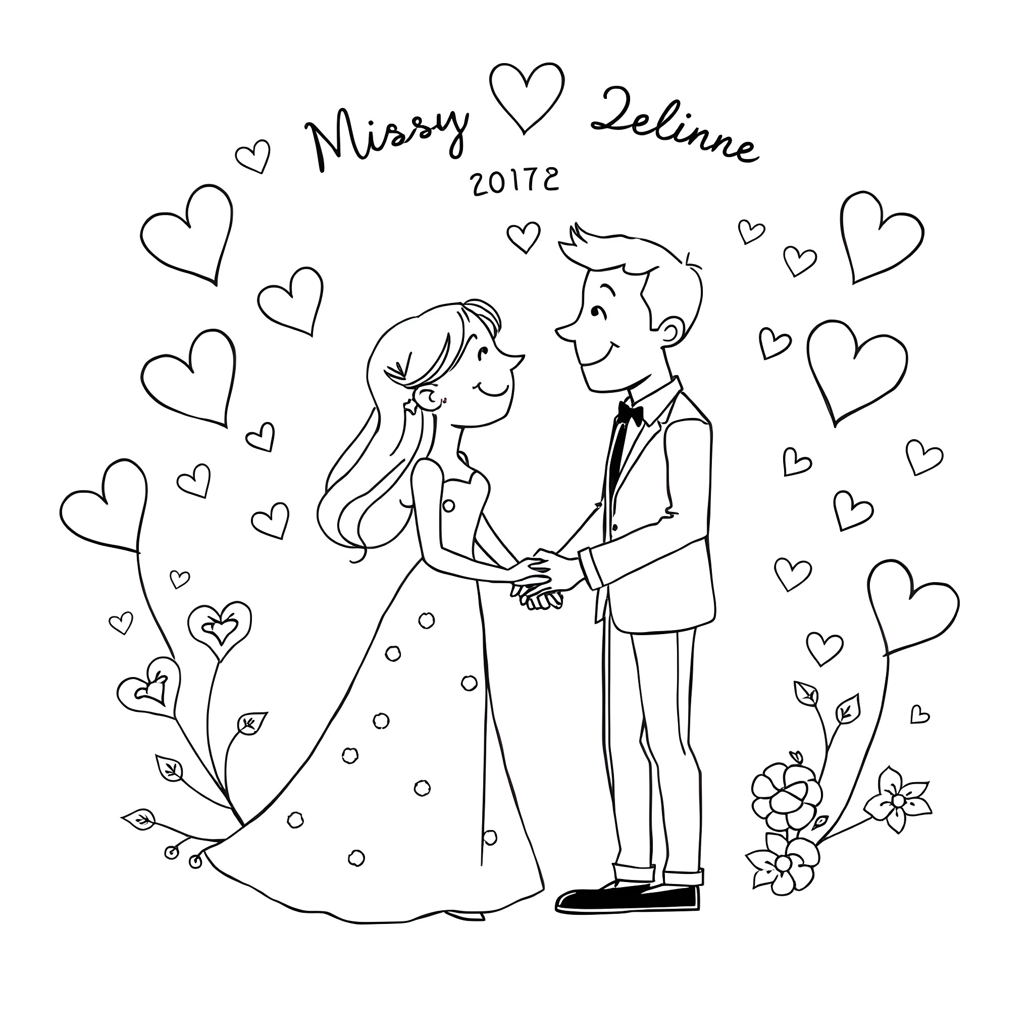Missy and Zelline's Wedding Celebration Coloring Page (free black-and-white line drawing printable PDF for all, from beginners to advanced learners, including children, teens, adults, and seniors)