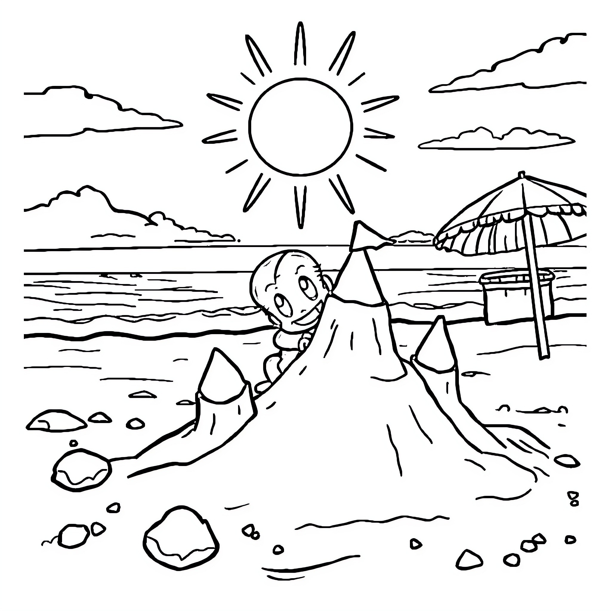 Bluey enjoying a sunny day at the beach Coloring Page (free black-and-white line drawing printable PDF for all, from beginners to advanced learners, including children, teens, adults, and seniors)