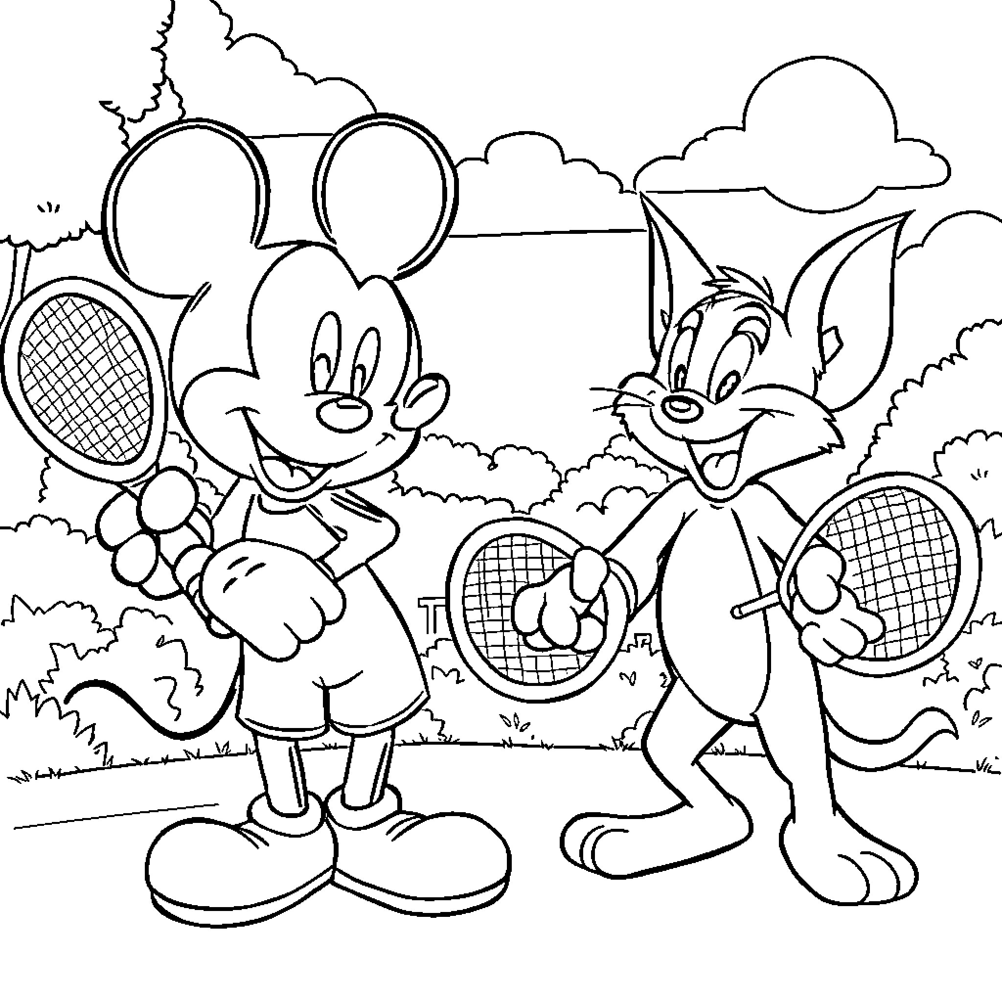 Mickey Mouse and Bugs Bunny play tennis together Coloring Page (free black-and-white line drawing printable PDF for all, from beginners to advanced learners, including children, teens, adults, and seniors)