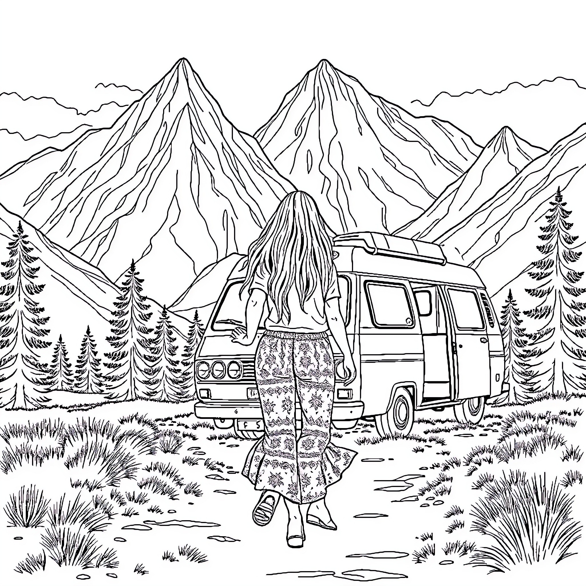 Woman exploring the serene mountain landscape Coloring Page (free black-and-white line drawing printable PDF for all, from beginners to advanced learners, including children, teens, adults, and seniors)