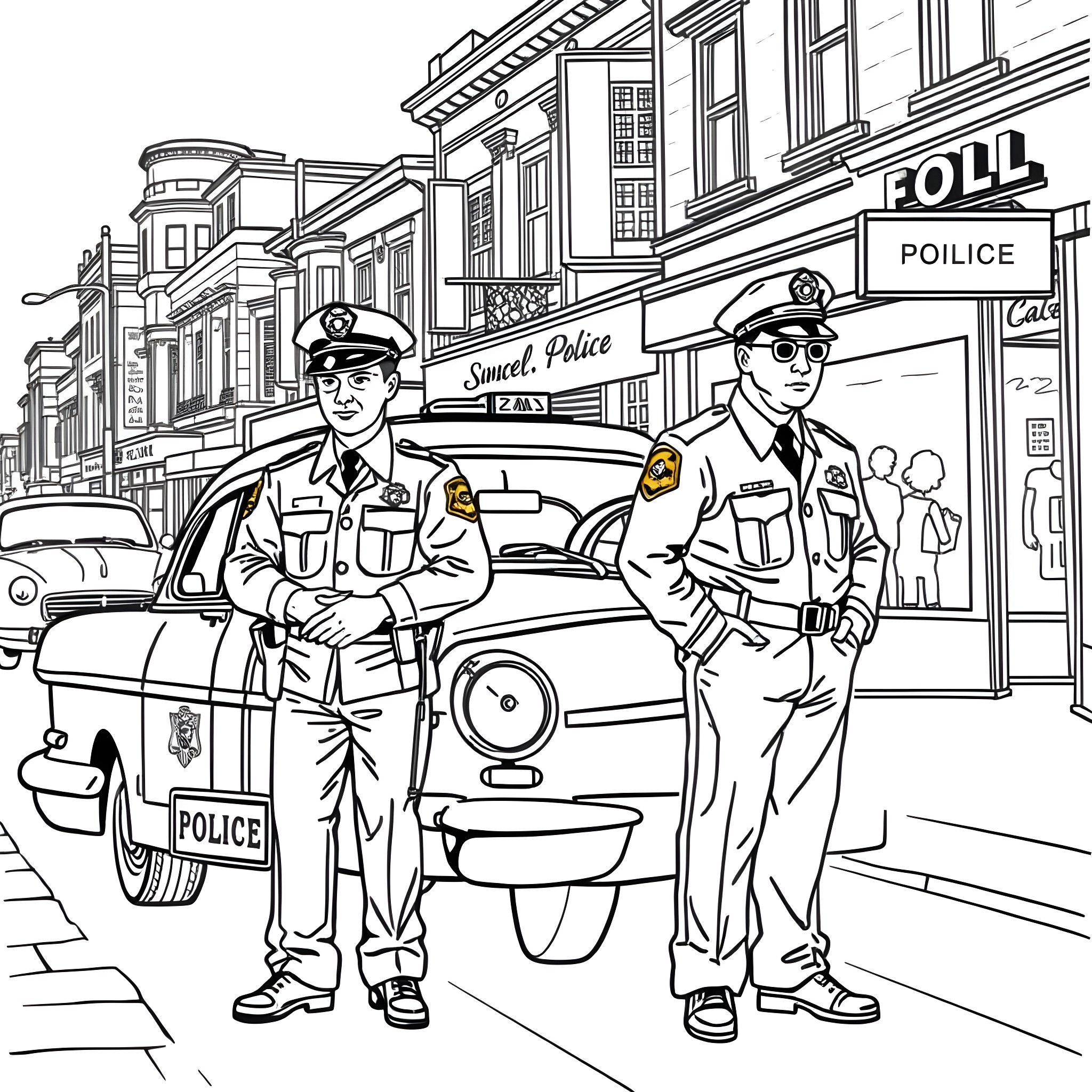 Cop Officers Patrolling on a City Street Coloring Page (free black-and-white line drawing printable PDF for all, from beginners to advanced learners, including children, teens, adults, and seniors)