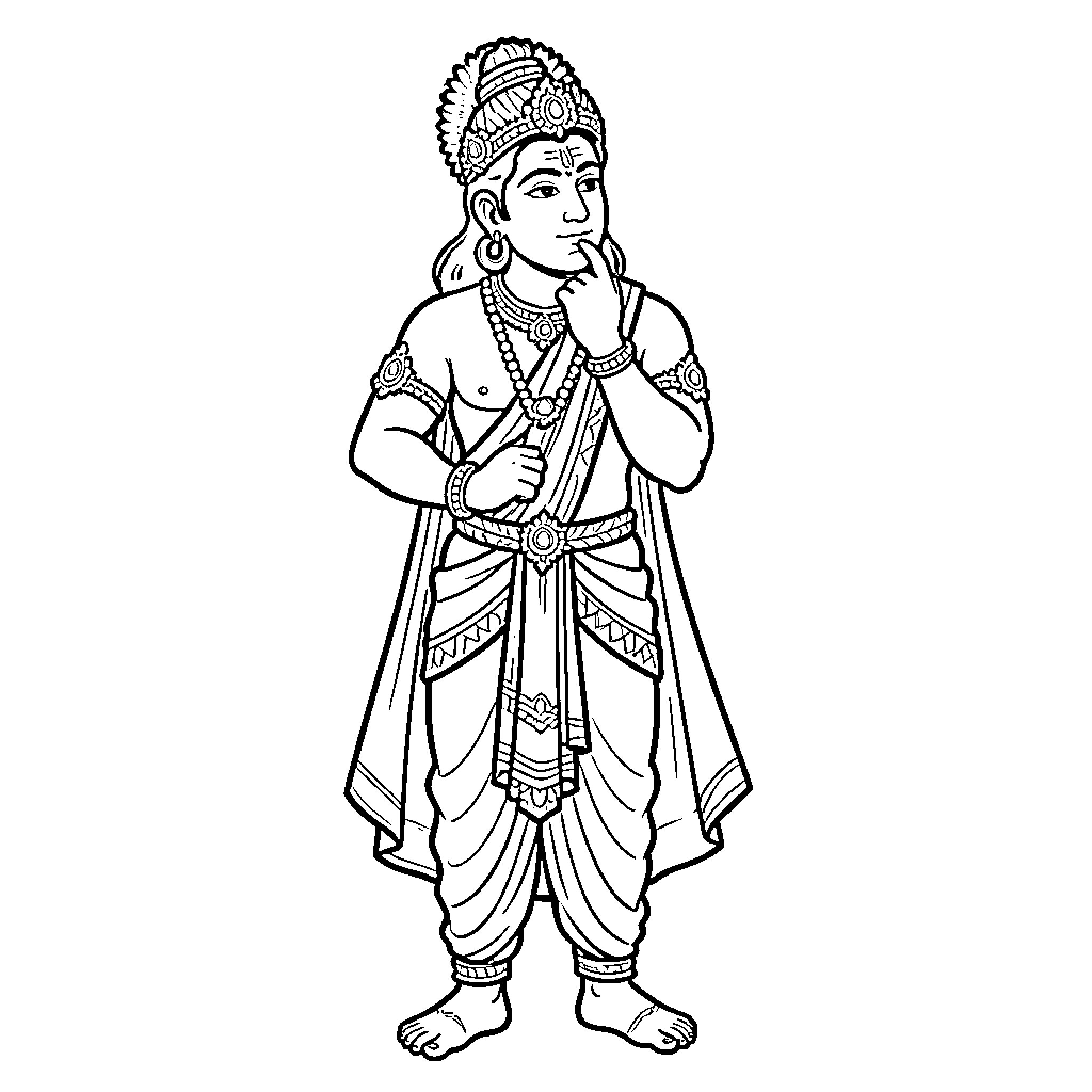 Mahabharat Character in traditional attire in a thoughtful pose Coloring Page (free black-and-white line drawing printable PDF for all, from beginners to advanced learners, including children, teens, adults, and seniors)
