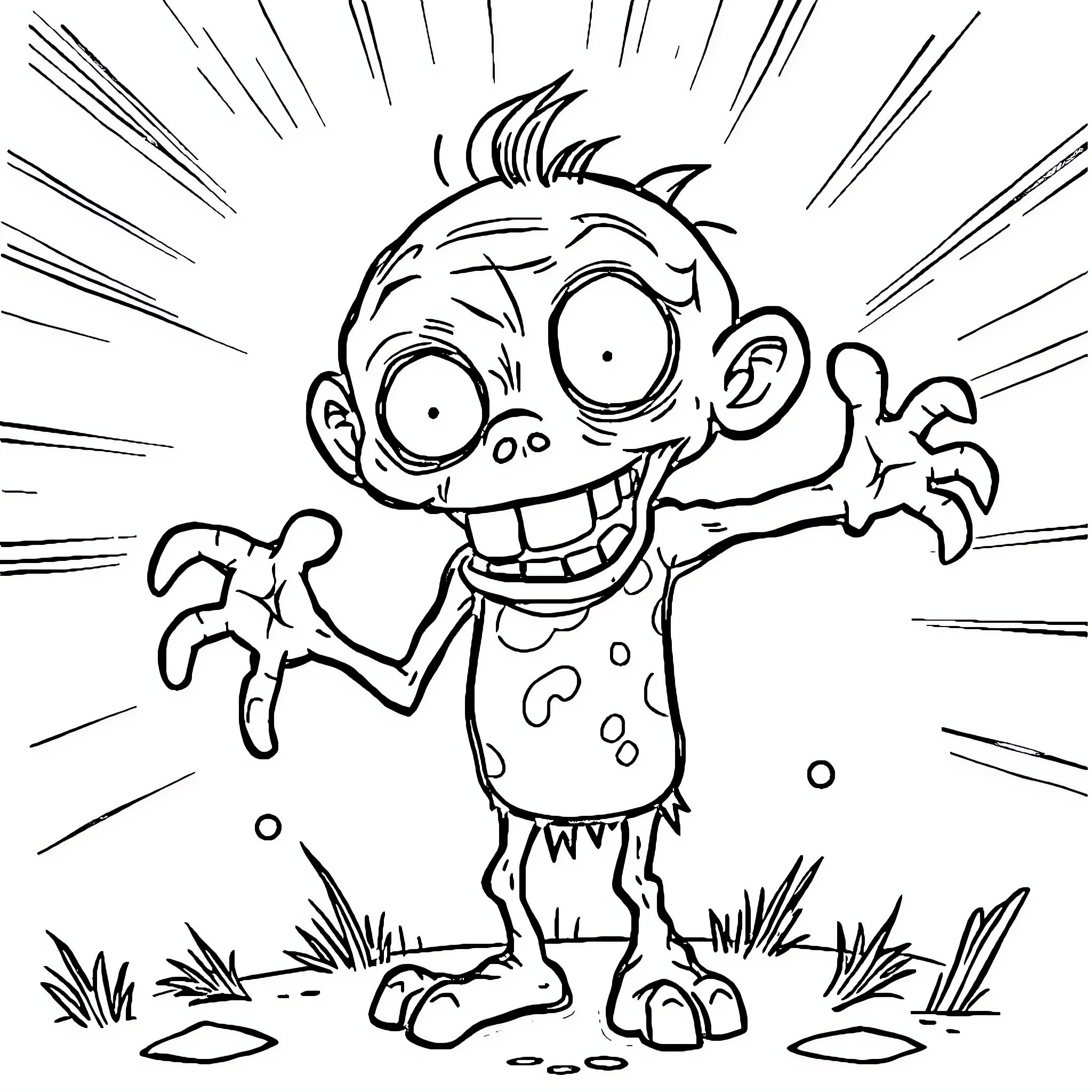 Zombie Cartoon Character Attacking Excitedly Coloring Page (free black-and-white line drawing printable PDF for all, from beginners to advanced learners, including children, teens, adults, and seniors)