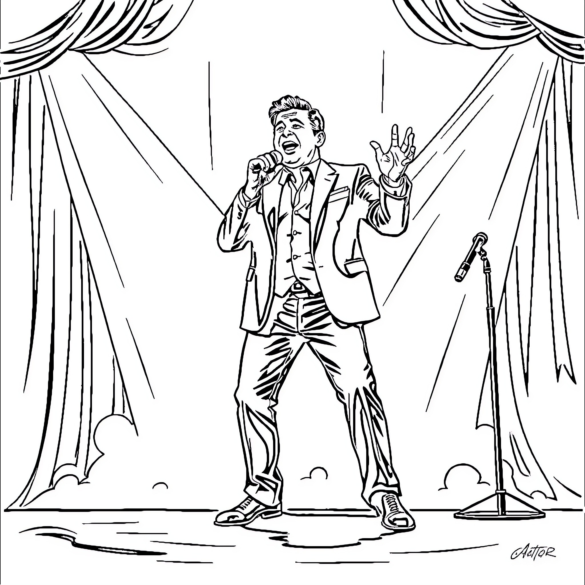 Eladio Carrion performing on stage with microphone Coloring Page (free black-and-white line drawing printable PDF for all, from beginners to advanced learners, including children, teens, adults, and seniors)