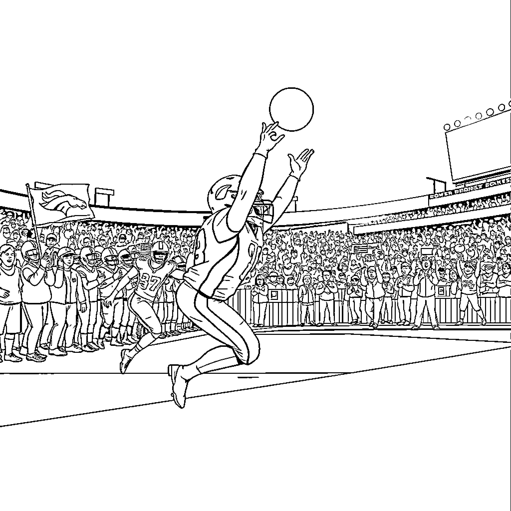 Bronco player leaping for the ball in front of cheering crowd Coloring Page (free black-and-white line drawing printable PDF for all, from beginners to advanced learners, including children, teens, adults, and seniors)