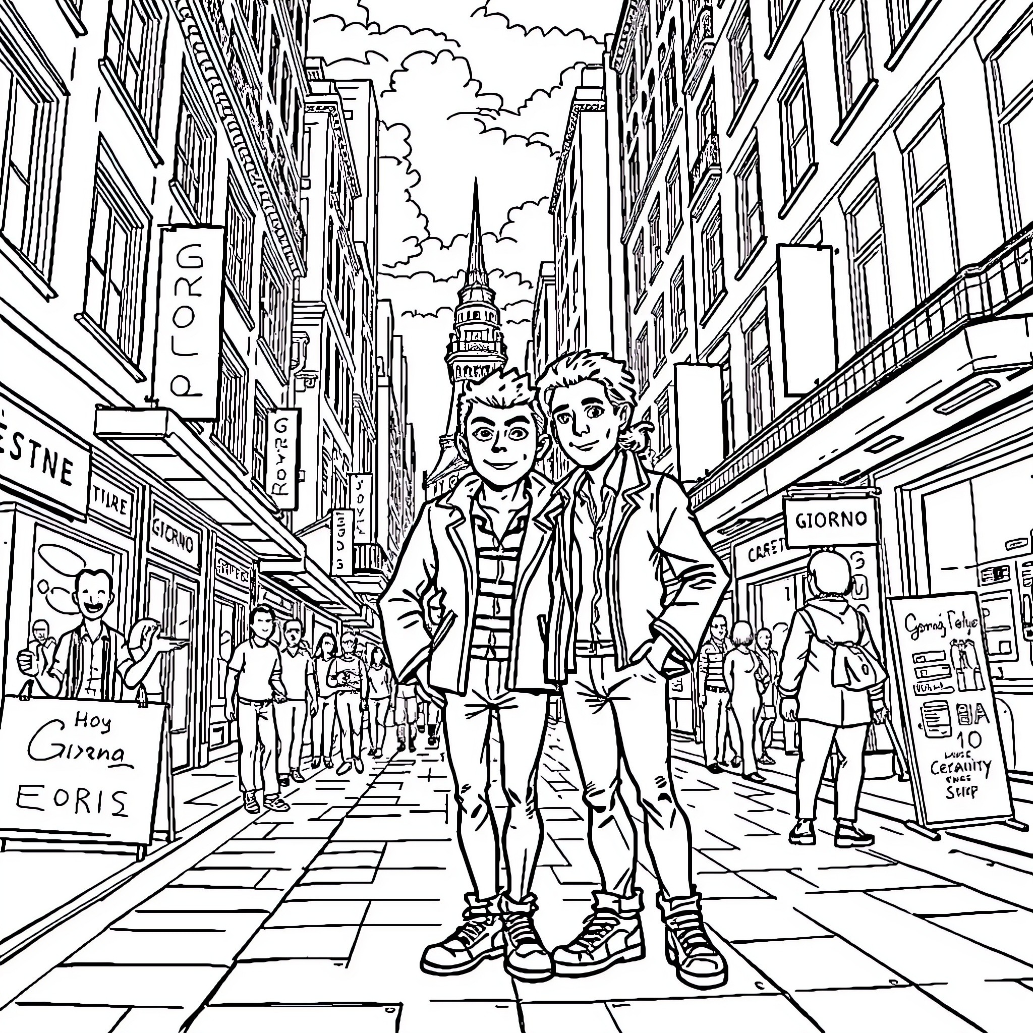 Giorno's Adventurous Journey in the City Coloring Page (free black-and-white line drawing printable PDF for all, from beginners to advanced learners, including children, teens, adults, and seniors)