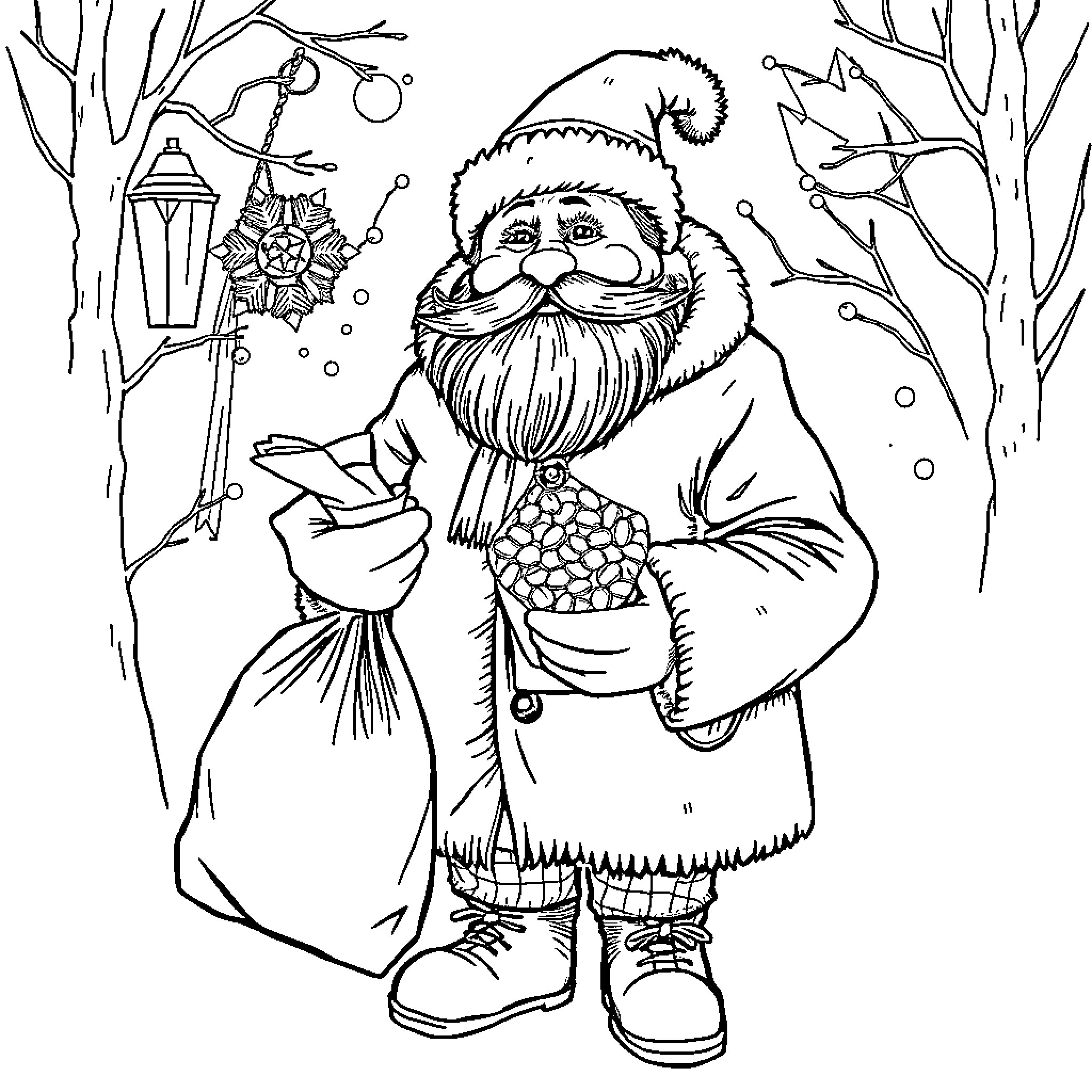 Belsnickel Carrying Sack and Lantern in Wintry Forest Coloring Page (free black-and-white line drawing printable PDF for all, from beginners to advanced learners, including children, teens, adults, and seniors)