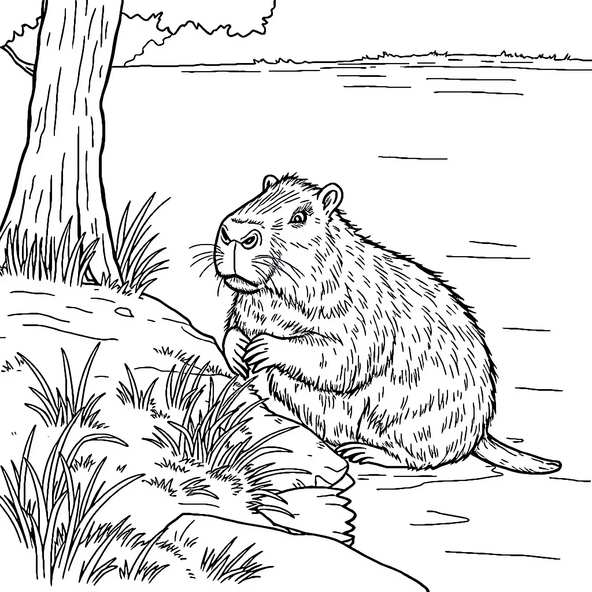 Capybara relaxing in a natural setting Coloring Page (free black-and-white line drawing printable PDF for all, from beginners to advanced learners, including children, teens, adults, and seniors)