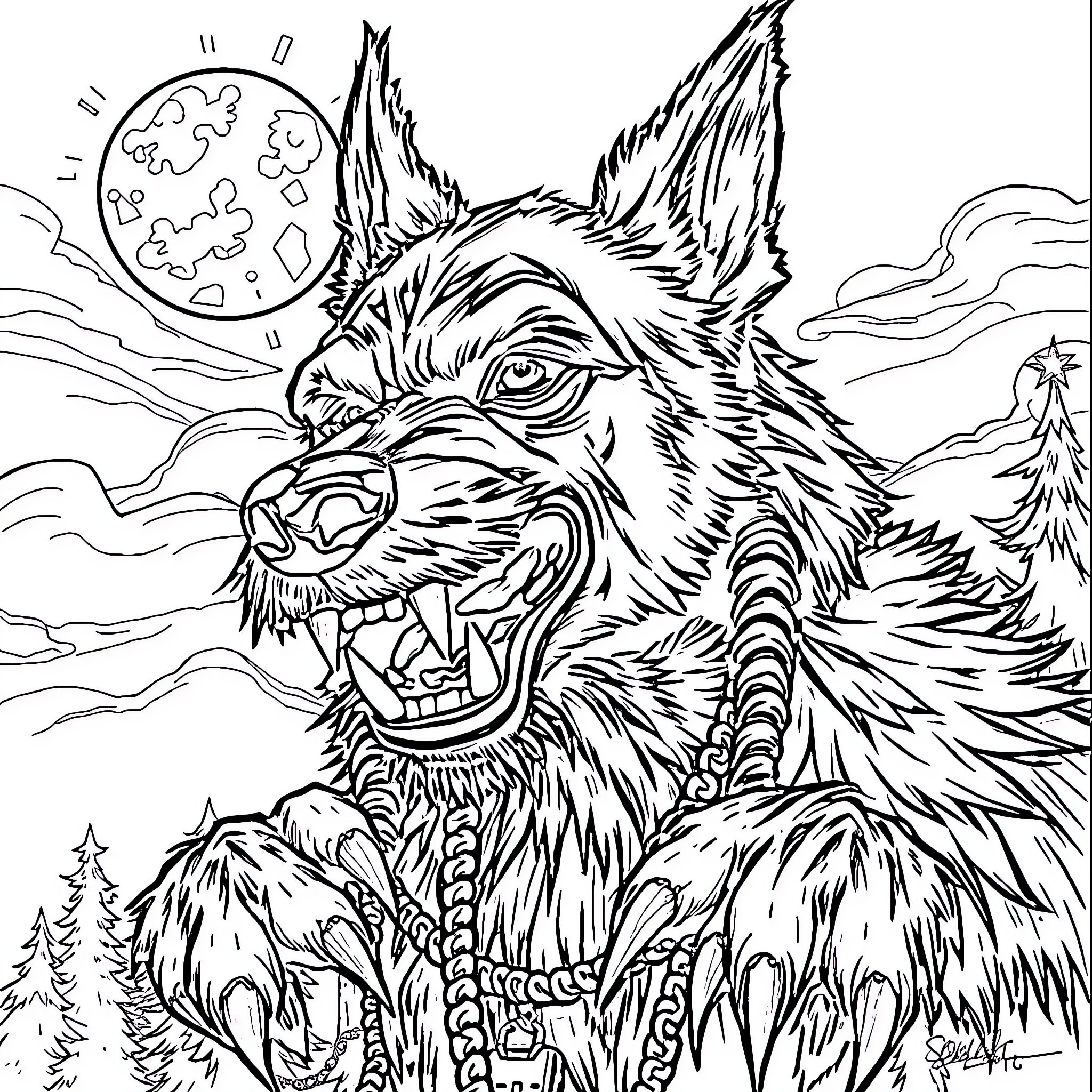 Werewolf howling under the full moon in the wilderness Coloring Page (free black-and-white line drawing printable PDF for all, from beginners to advanced learners, including children, teens, adults, and seniors)